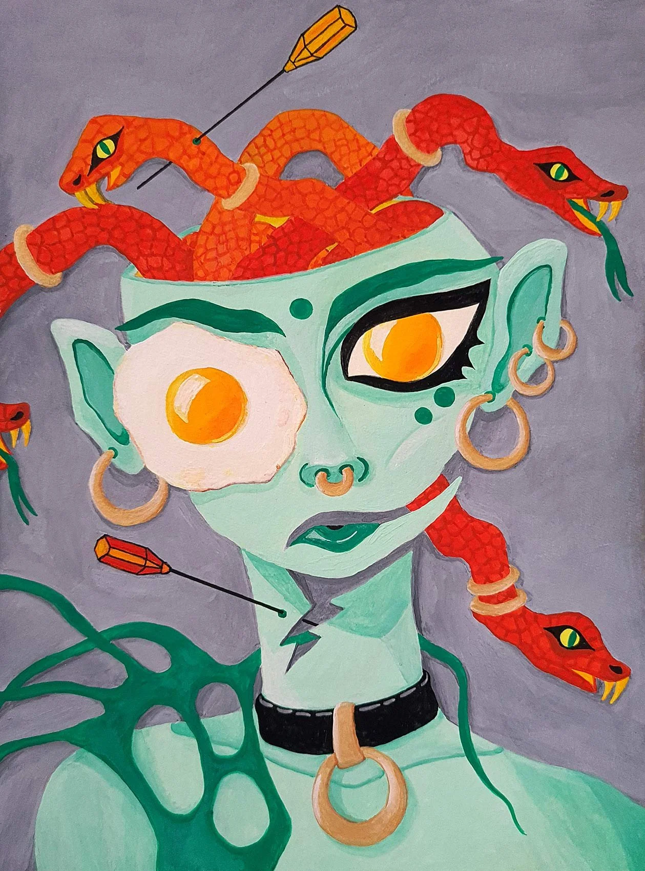 „Self-portrait with puncture“. Acryl Gouache auf Papier. 32 x 24 cm. 2022