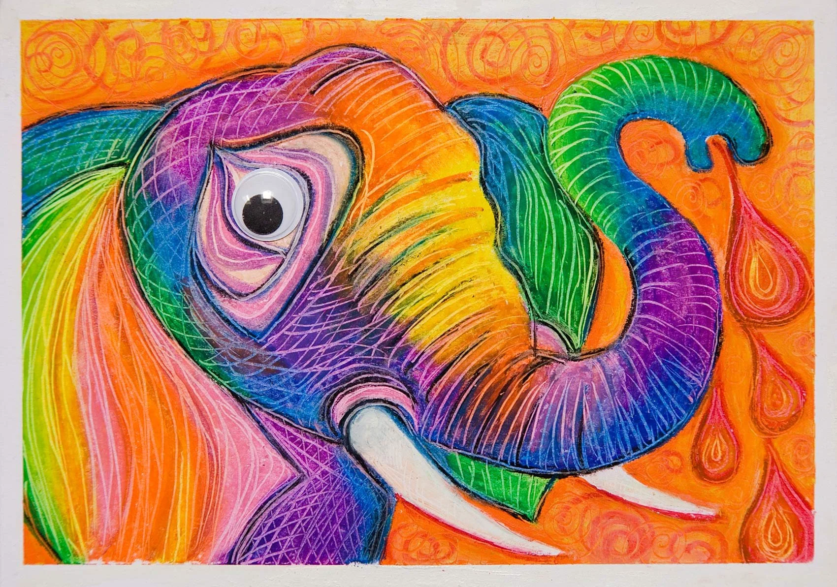 „Don´t think of that bloody elephant“. Ölpastell auf Papier. 14,8 x 21 cm. 2023