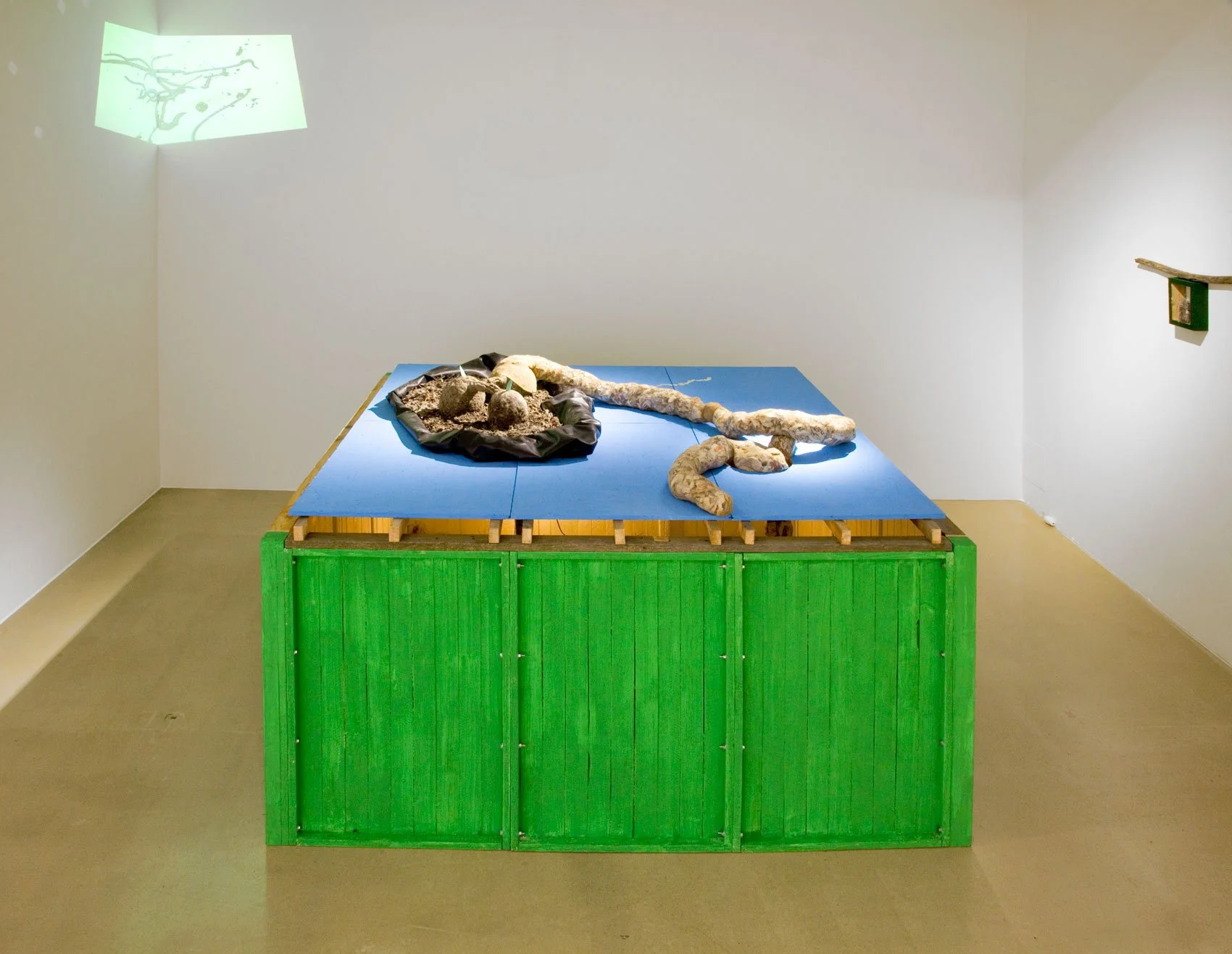 „Soul Power Station“. Holzbretter, Faserplatten, Schrauben, Farbe, Papier, Erde, Ton, Sand, Äste, Teichfolie, Strümpfe, Spiegelscherben, Stroh, ca. 60 Regenwürmer, Beleuchtung. 2014