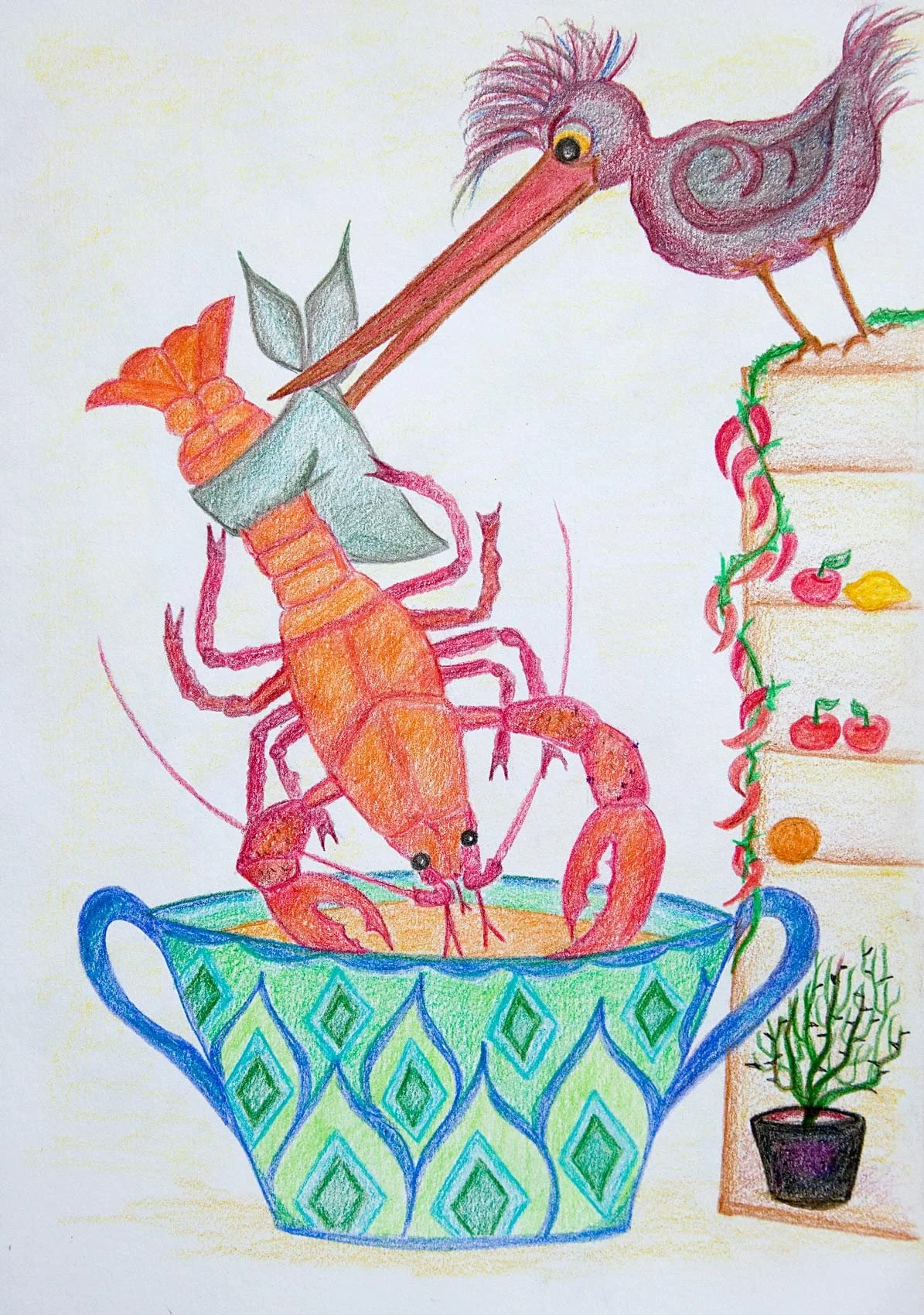 „Me, Every Night and Sometimes also During the Day, Being Dipped into the Pot 
of Misfiring Nerves that Burn Burn Burn“. Farbstifte auf Papier. 29,7 x 21 cm. 2021