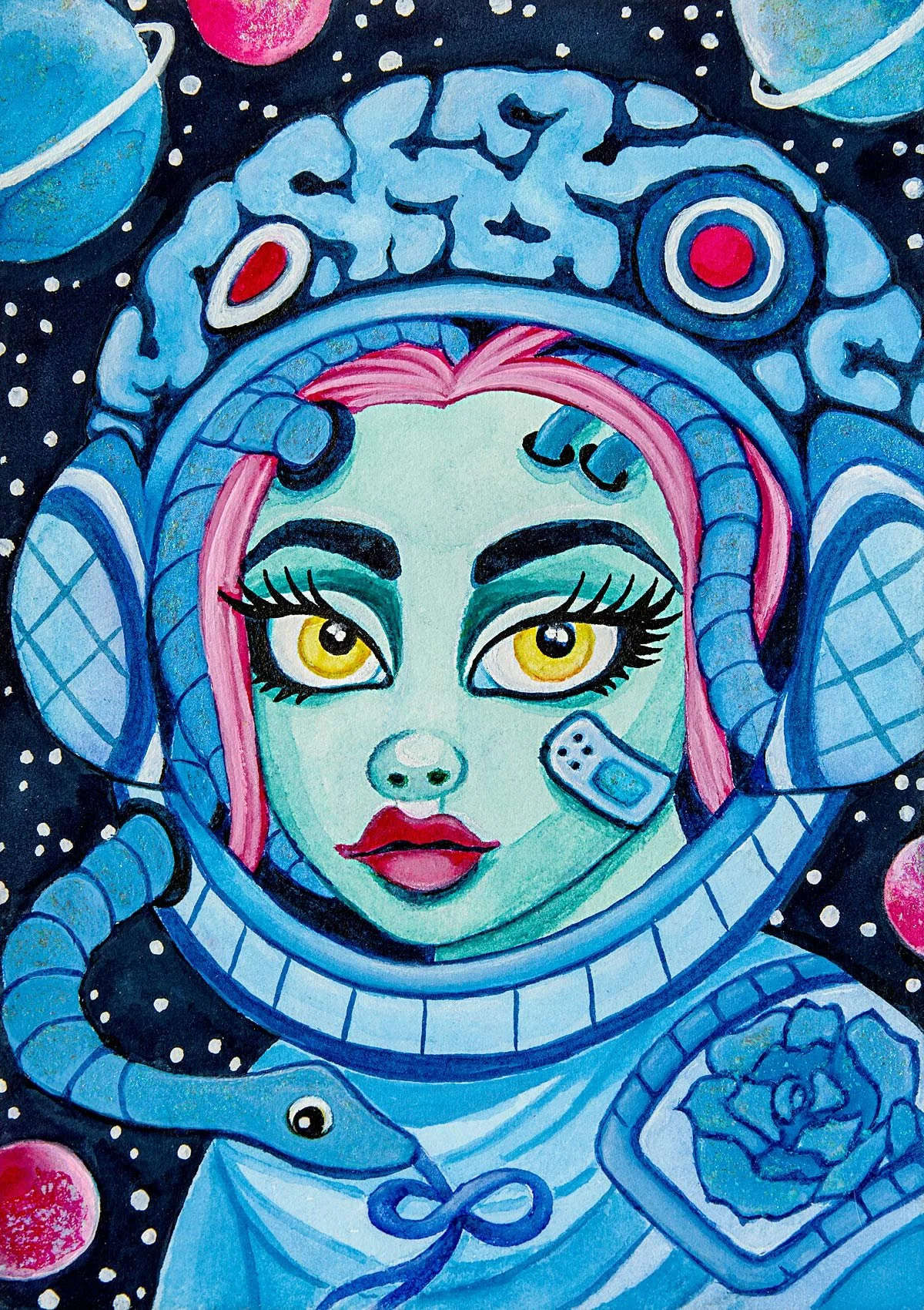 „I hate my protective suit“. Wasserfarbe und Gouache auf Papier. 21 x 14,8 cm. 2024