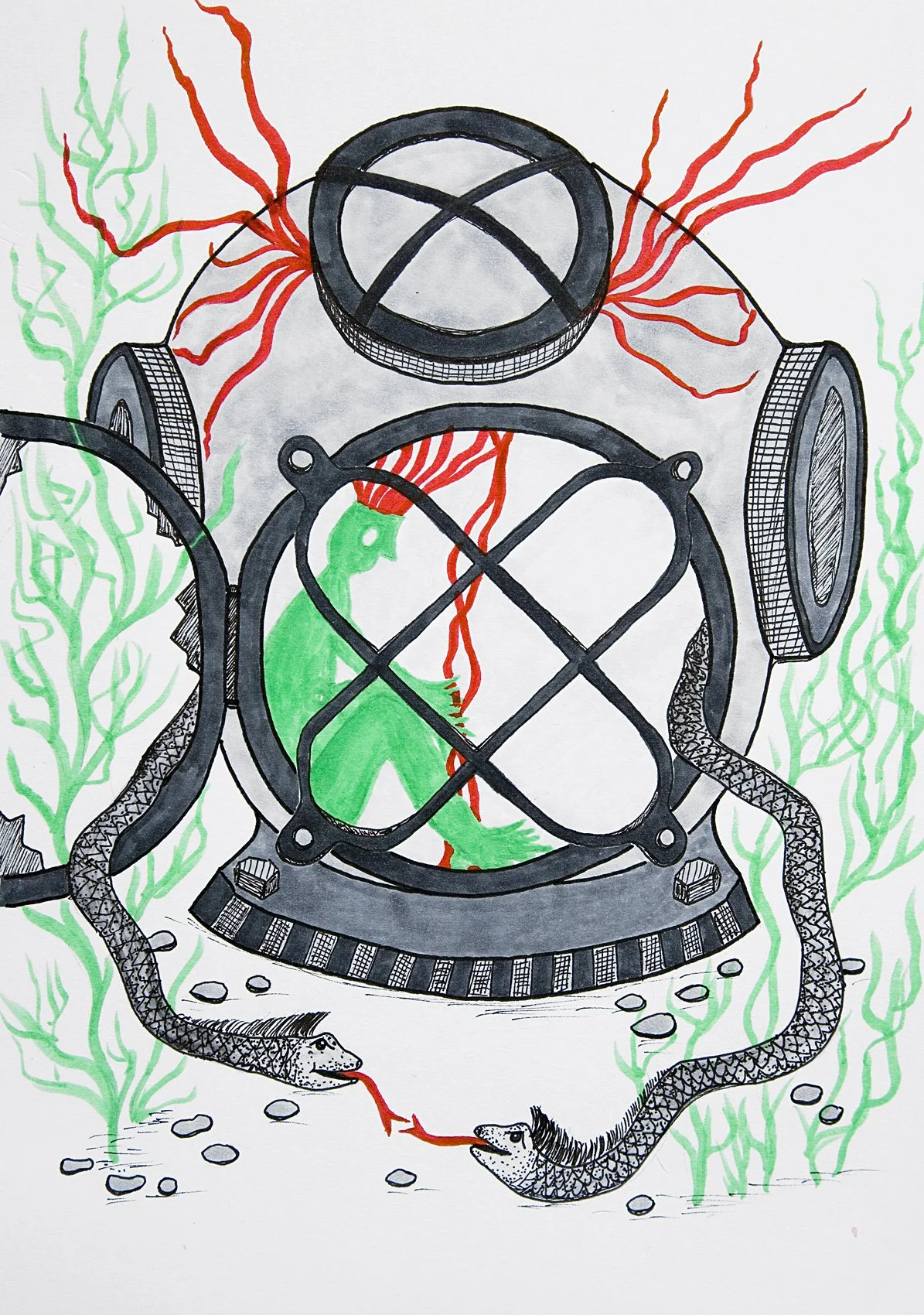 „Helmet“. Fineliner und Marker auf Papier. 29,7 x 21 cm. 2021