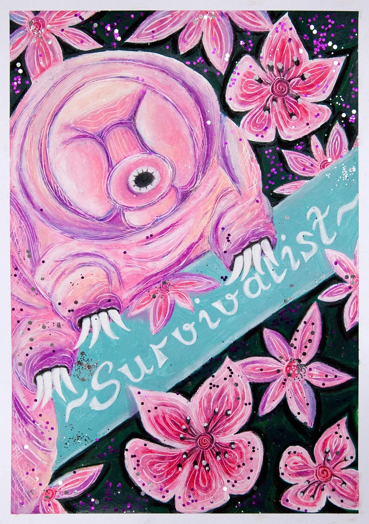„Survivalist“. Ölpastell und Acryl auf Papier. 29,7 x 21 cm. 2023