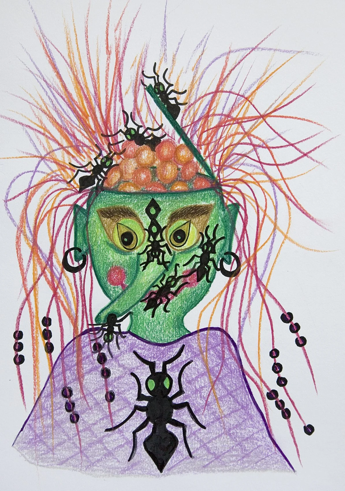„Self Portrait, or I Turn into a Vine Louse“. Pastell und Marker auf Papier. 29,7 x 21 cm. 2021