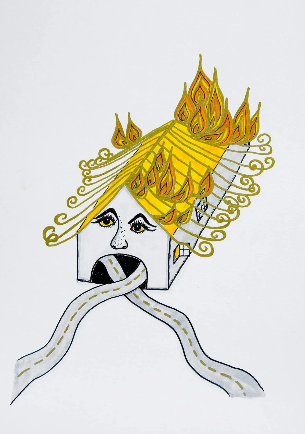 „The roof is on fire“. Fineliner und Marker auf Papier. 29,7 x 21 cm. 2021
