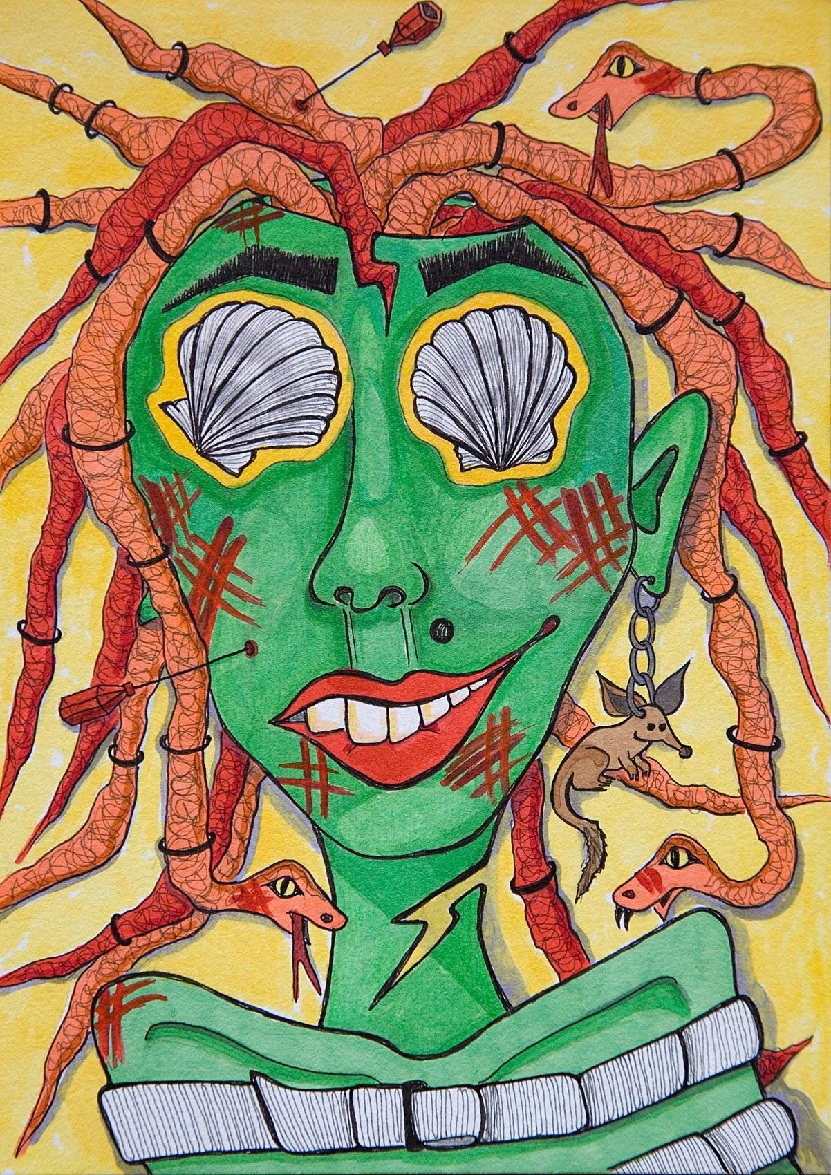 „I'm turning mad, or: self-portrait with puncture II“. Marker auf Papier. 21 x 14,8 cm. 2022