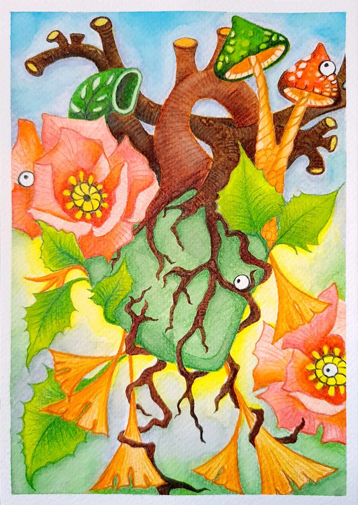 „Home is where the heart is“. Aquarellstifte und Buntstifte auf Papier. 21 x 14,8 cm. 2023