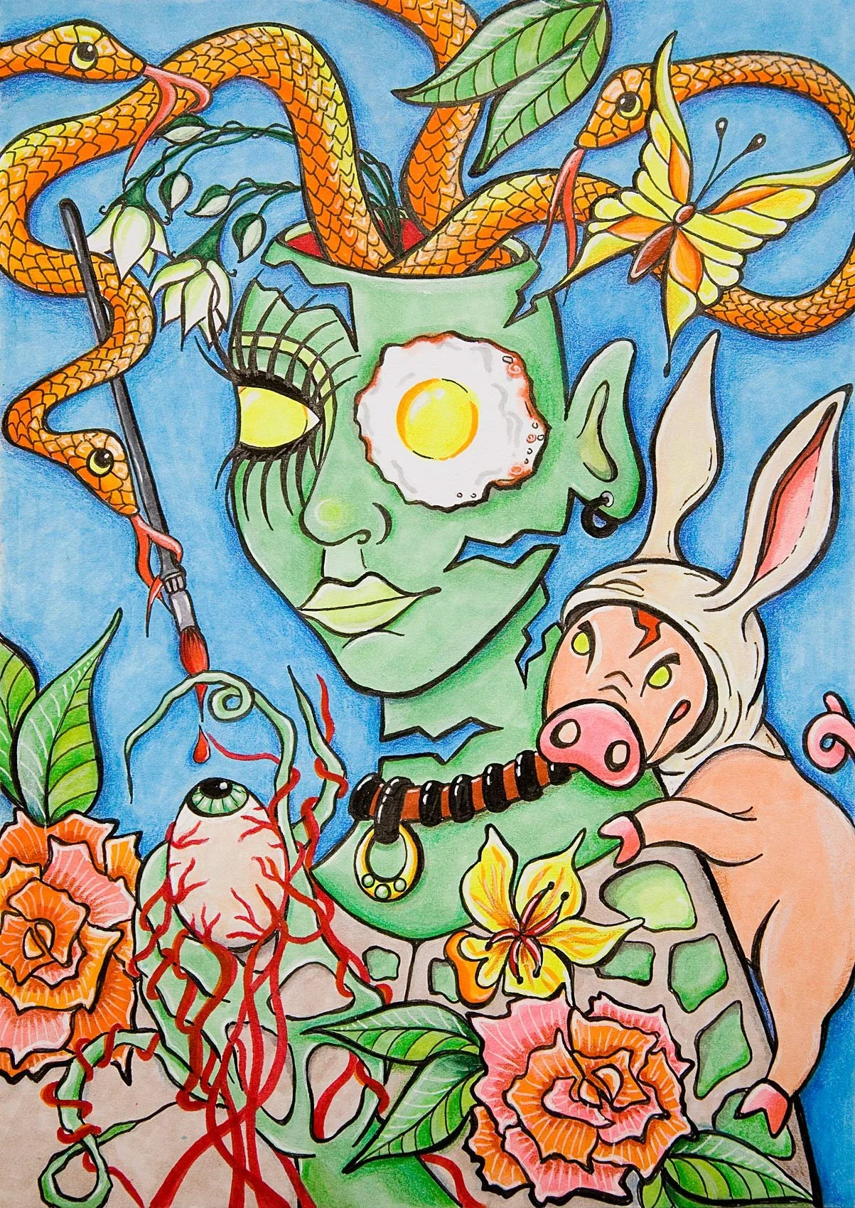 „Easter Spirit“. Marker, Fineliner, ölbasierte Zeichenstifte, Buntstifte. 29,7 x 21 cm. 2023