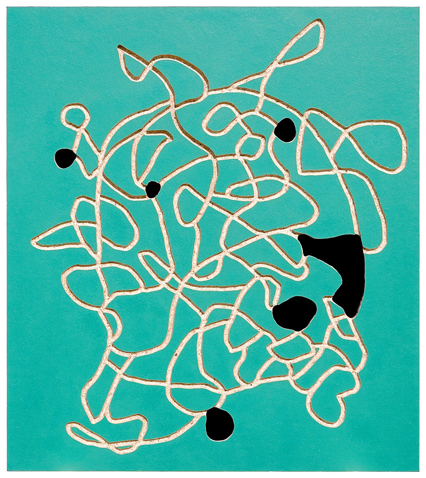 „Wurmloch“. Pressspanplatte gefräst, Acryllack, 
Baumwollgewebe, Holzrahmen. 126,2 x 111,6 x 4,2 cm. 2019