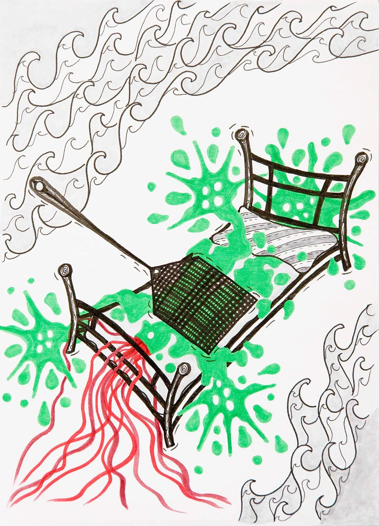 „Double splatter“. Fineliner und Marker auf Papier. 29,7 x 21 cm. 2021