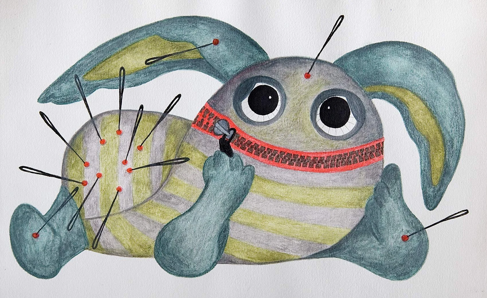 „The Pincushion“. Farbstifte und Wasserfarbe auf Papier. 2021