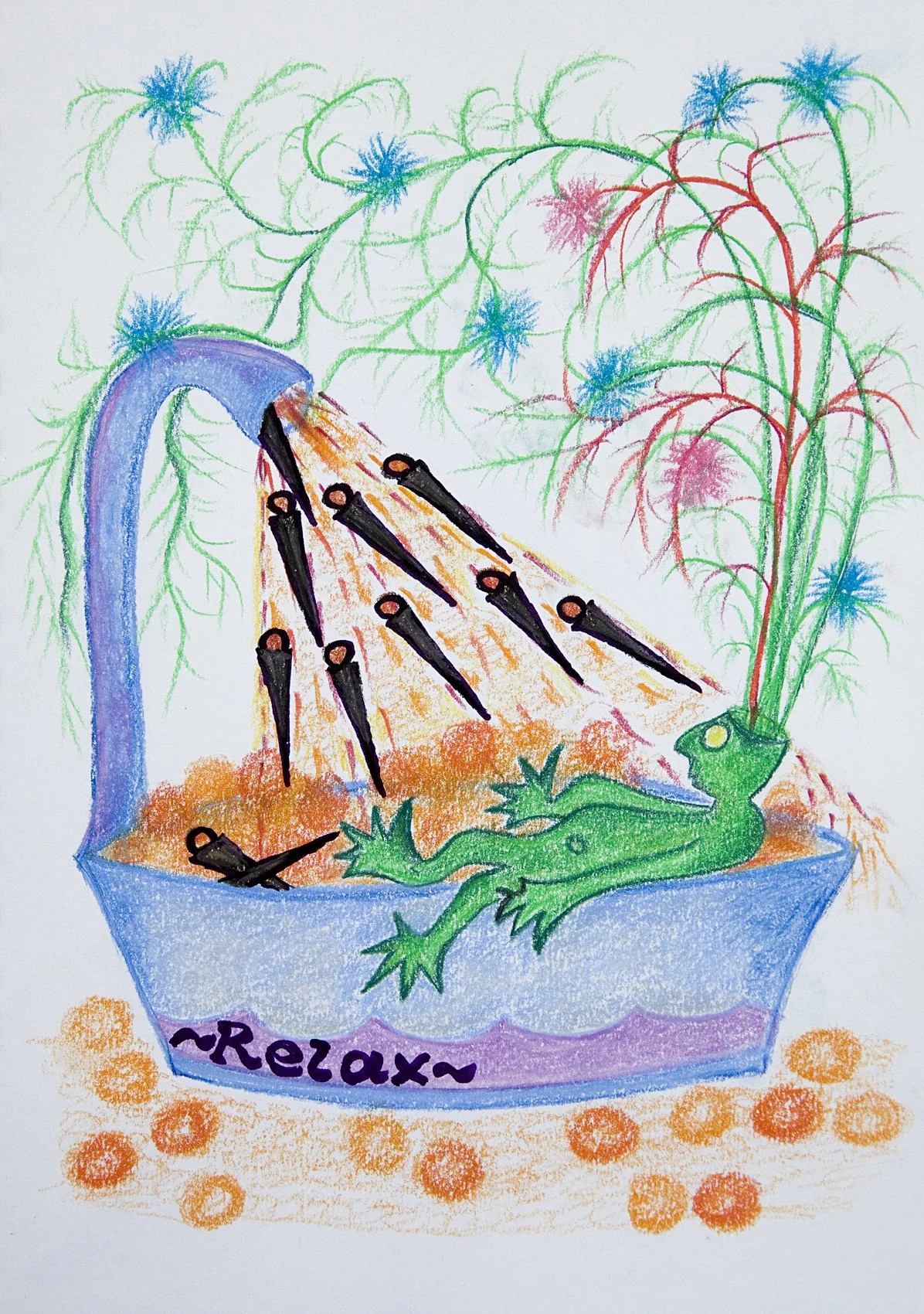 „Relax“. Farbstifte auf Papier. 29,7 x 21 cm. 2021