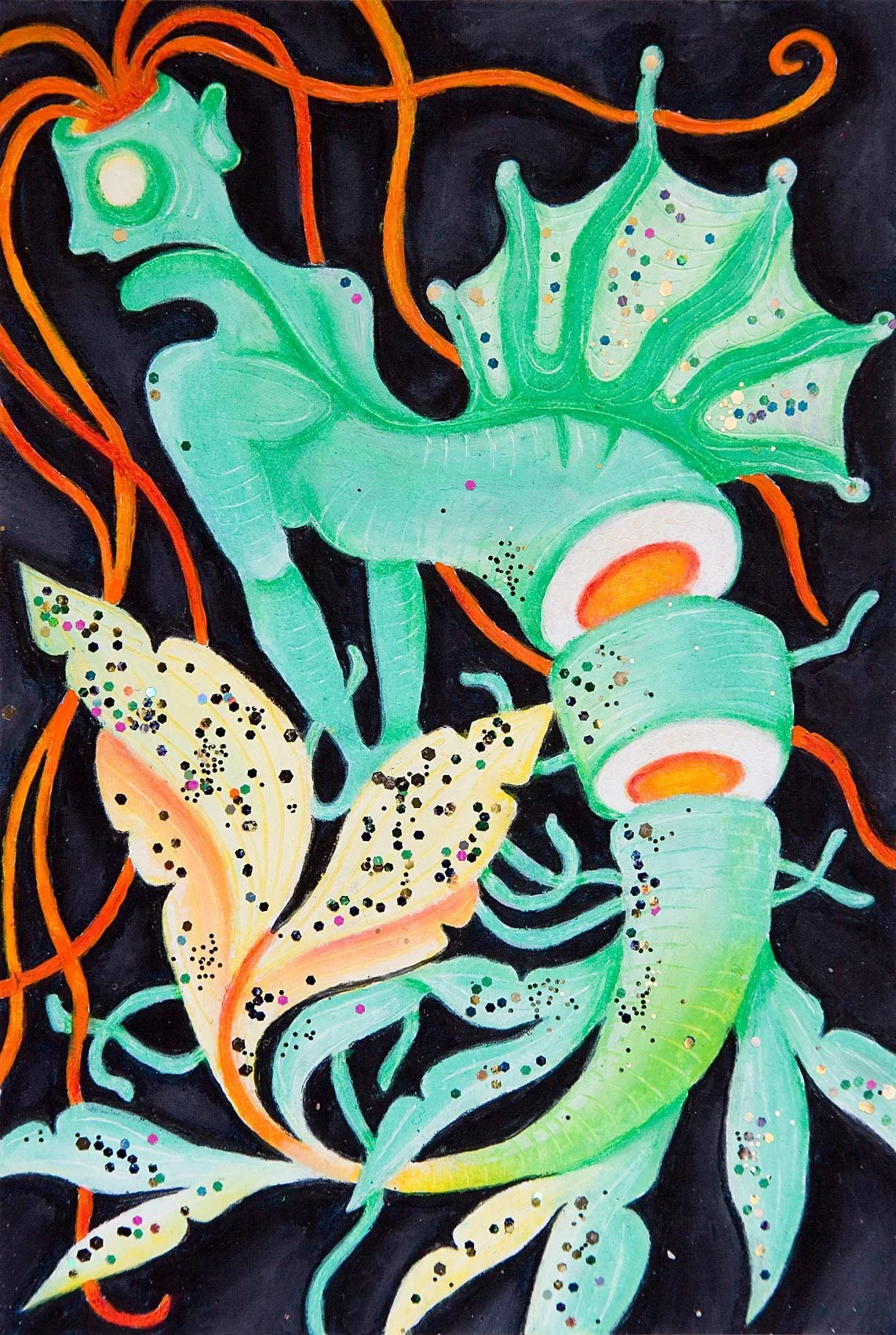 „No dance party, or: the love of spoons of Salad Fingers“. Ölpastell, Acryl und Glitter auf Papier. 24 x 16 cm. 2023