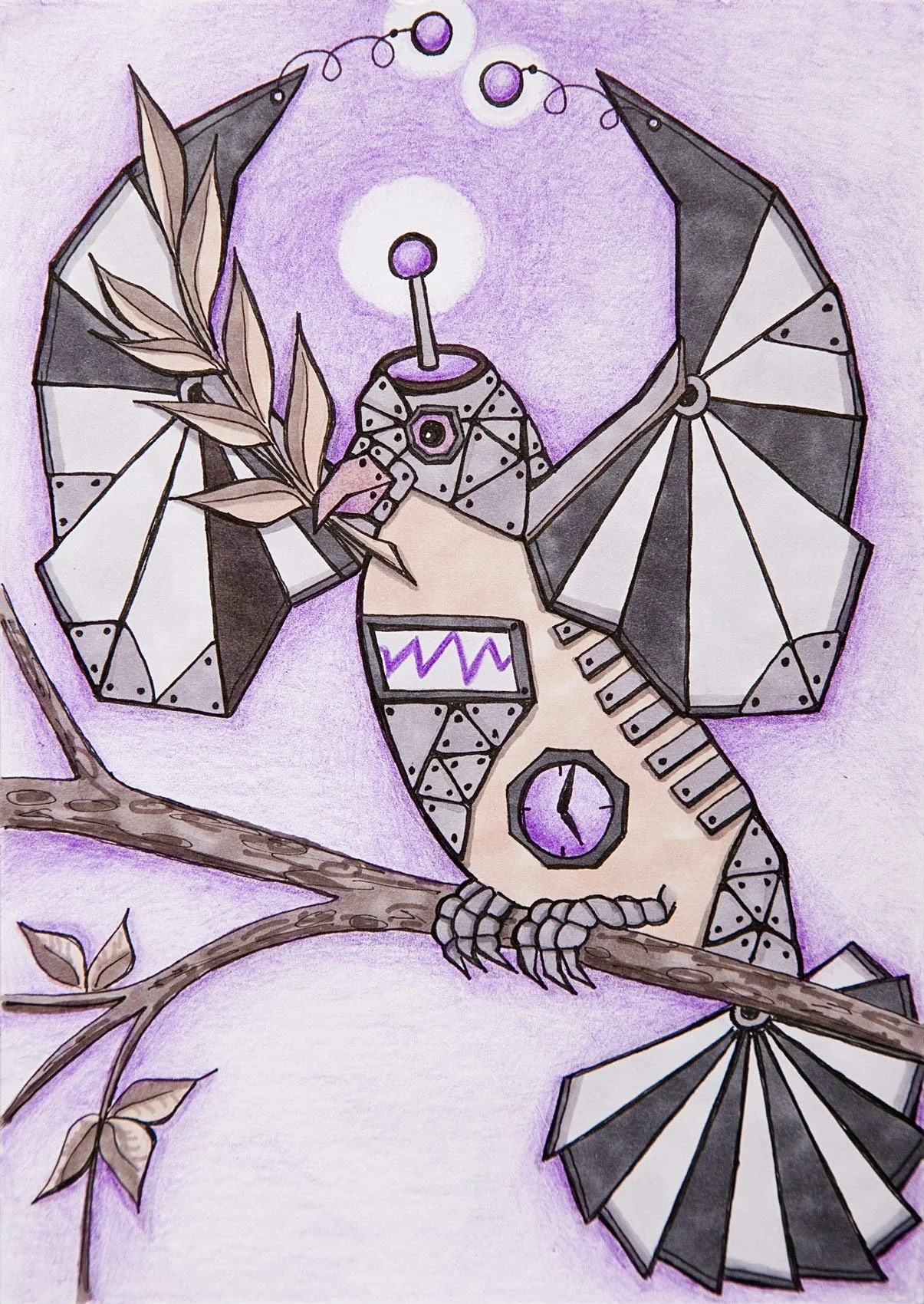 „Robot Pigeon, Or: Do Androids Dream of Electric Peace Doves?“. Marker und Farbstifte auf Papier. 2022