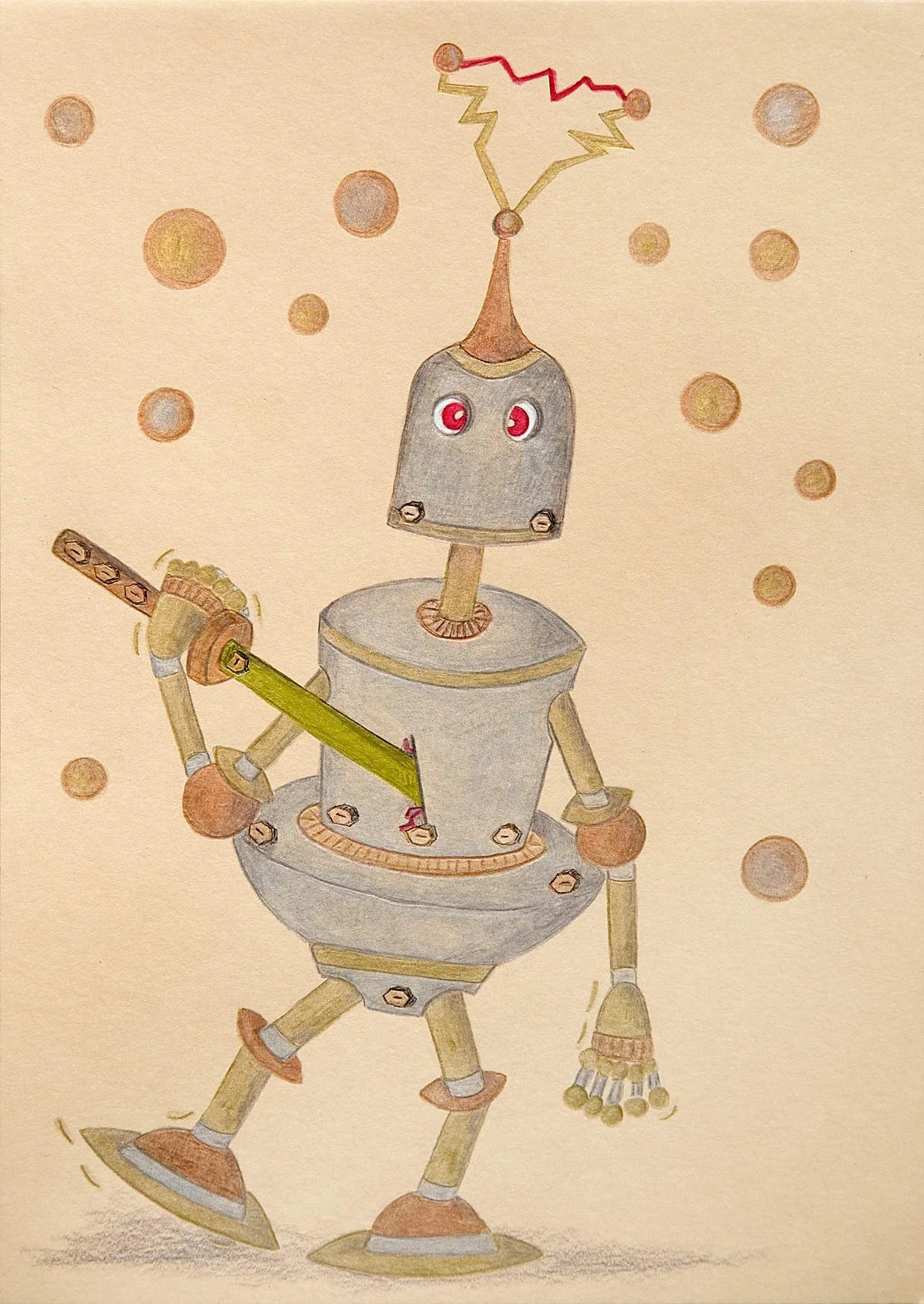 „Harakiri robot I“. Aquarellstifte auf Papier. 2022