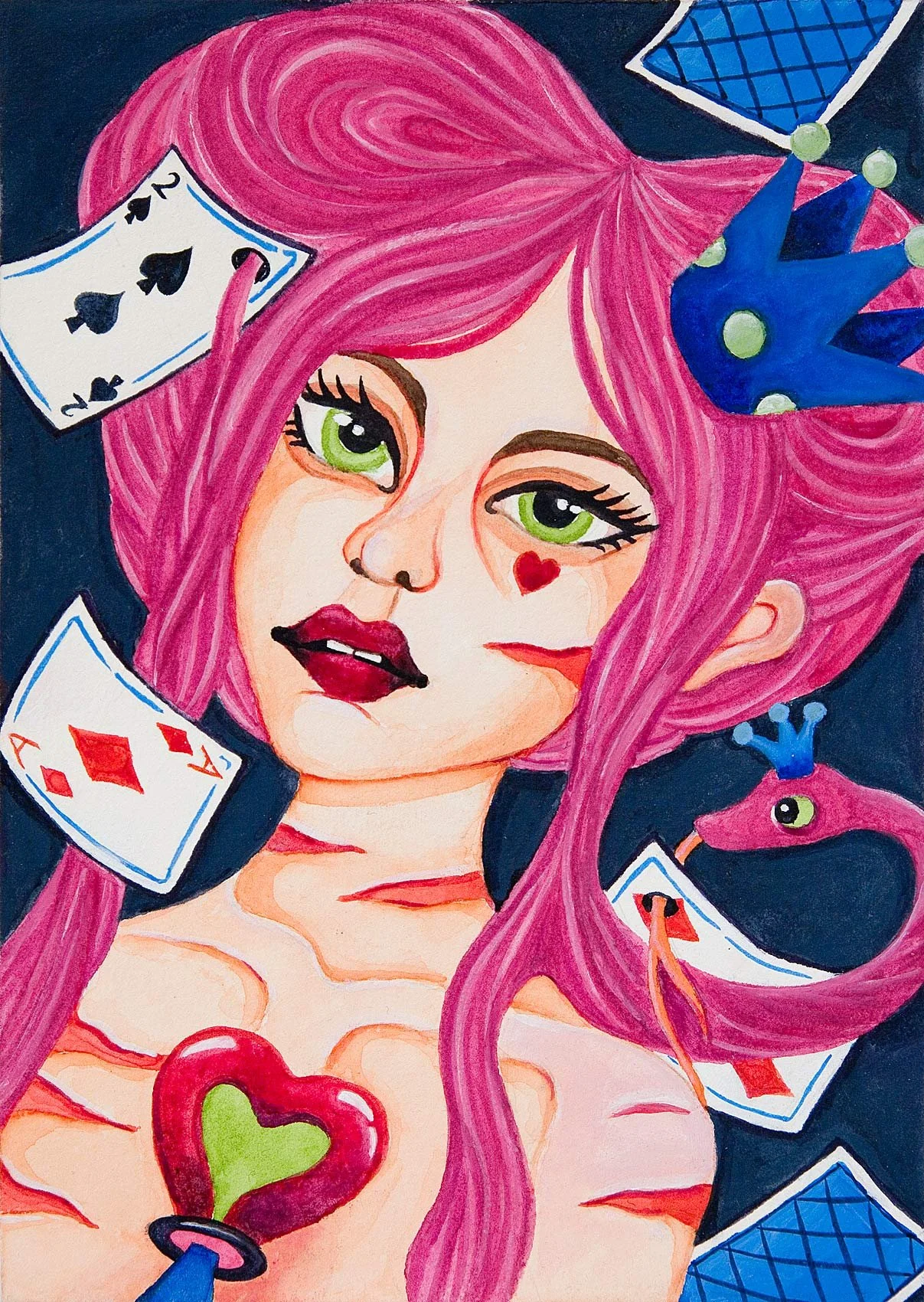 „Play your heart cards well“. Wasserfarbe und Gouache auf Papier. 21 x 15 cm. 2024