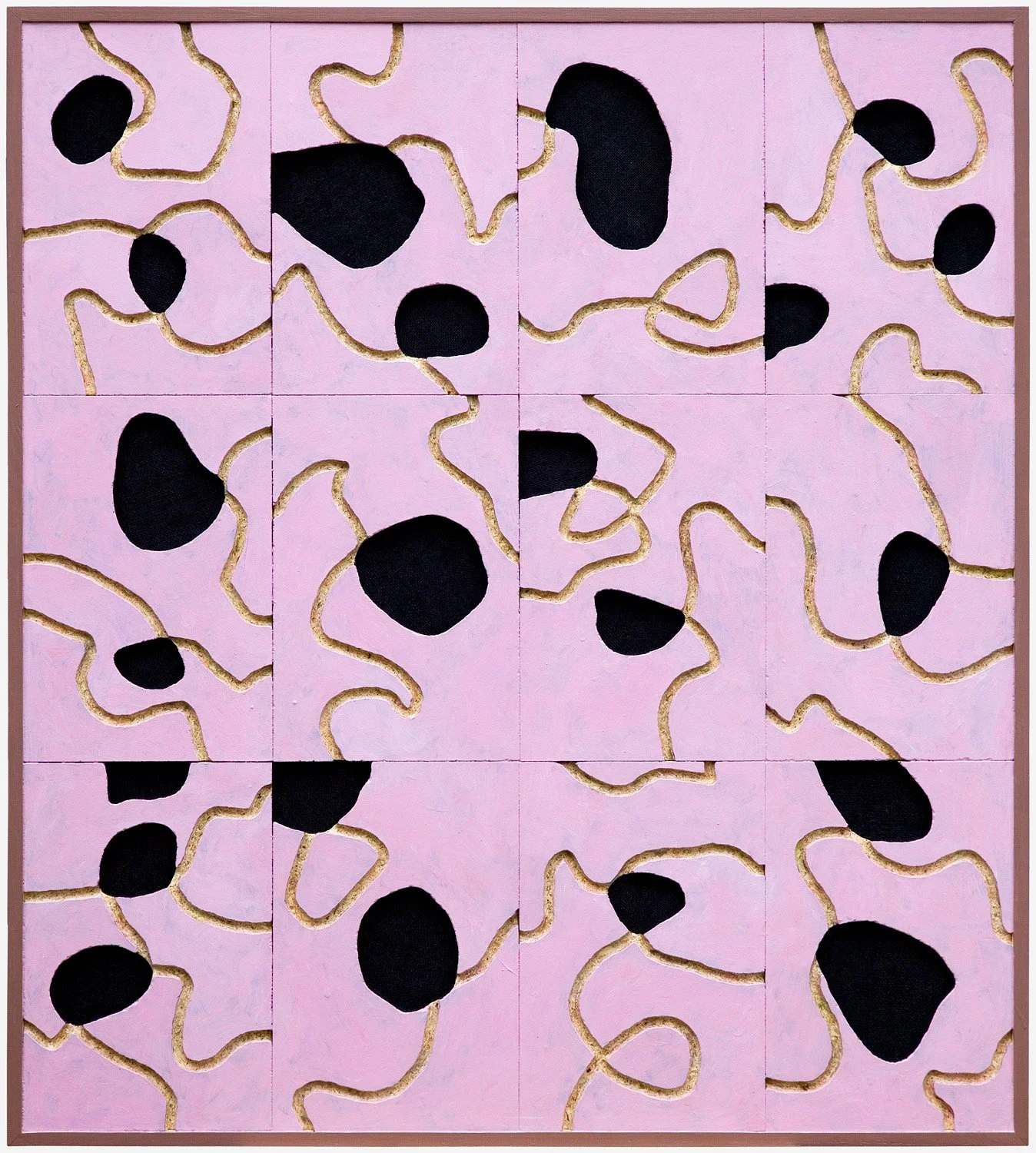 „Wurmloch“. Pressspanplatten gefräst, Jutegewebe, Acryllack, Holzrahmen. 2021 