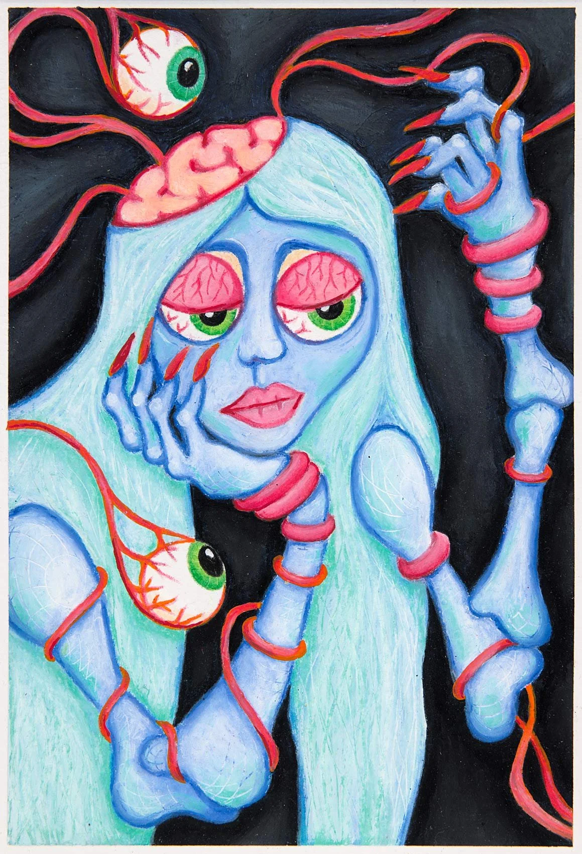 „Trappings“. Ölpastell und Acryl auf Papier. 24 x 16 cm. 2023