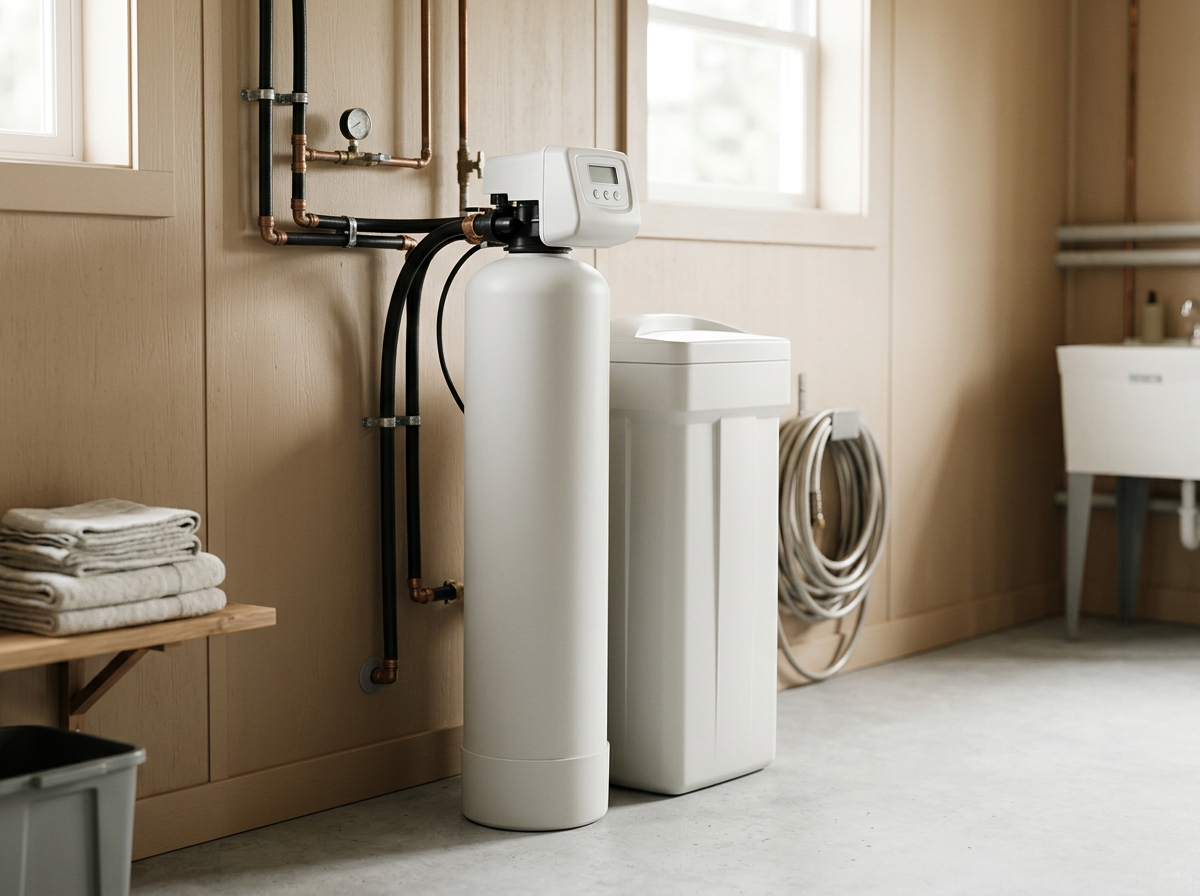 Waterontharder en wasmachine in een wasruimte met houten wanden, gemakkelijke toegang tot water en stroom.
