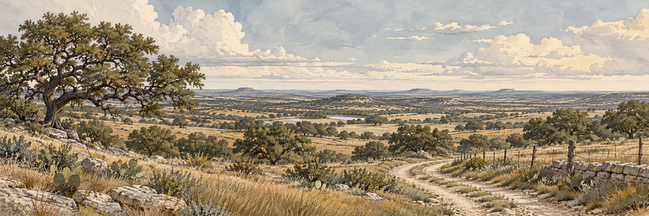 Illustration of open ranchland, live oaks, and a quiet country road.