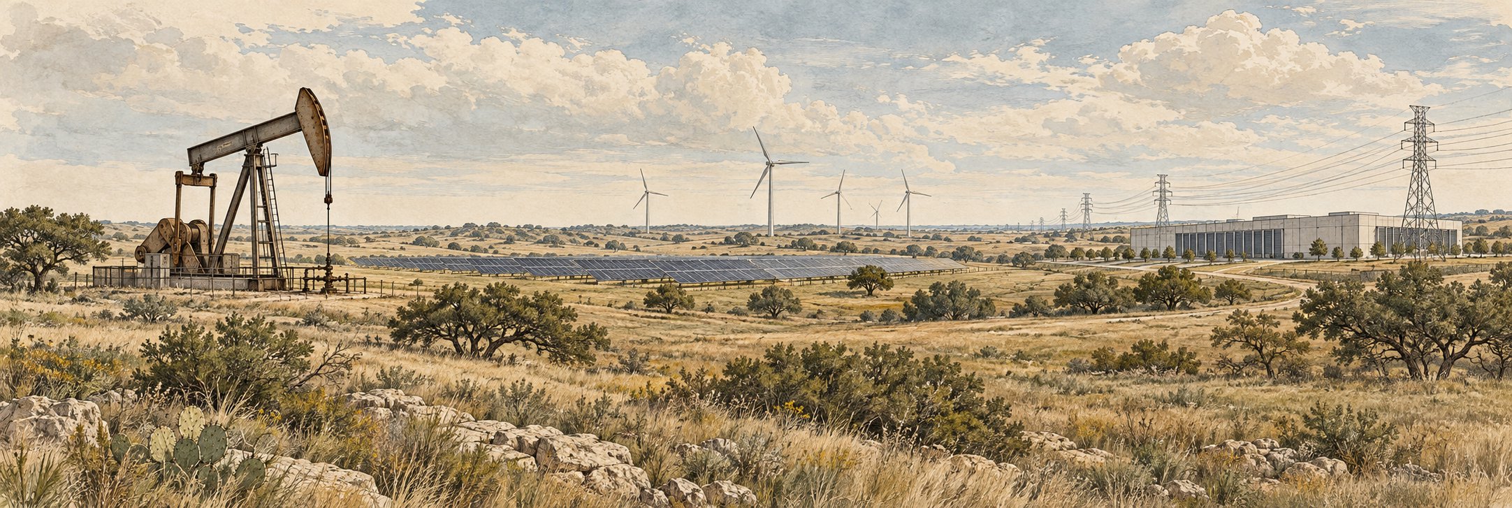 Concept illustration of oil, renewable energy, and data center infrastructure in open ranchland.