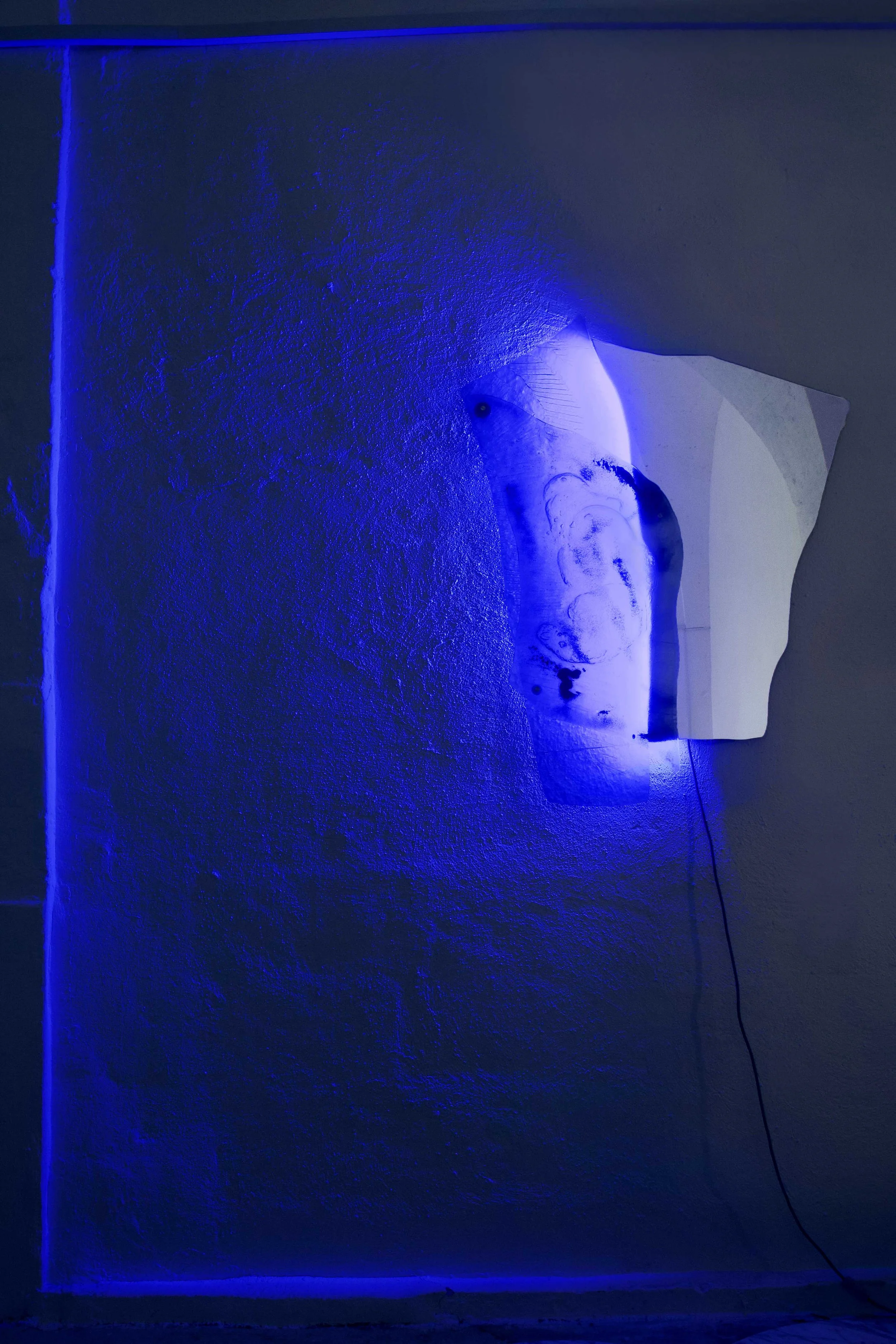 Stanza buia illuminata da luci blu, con poster o quadro su parete e cavi visibili a terra.