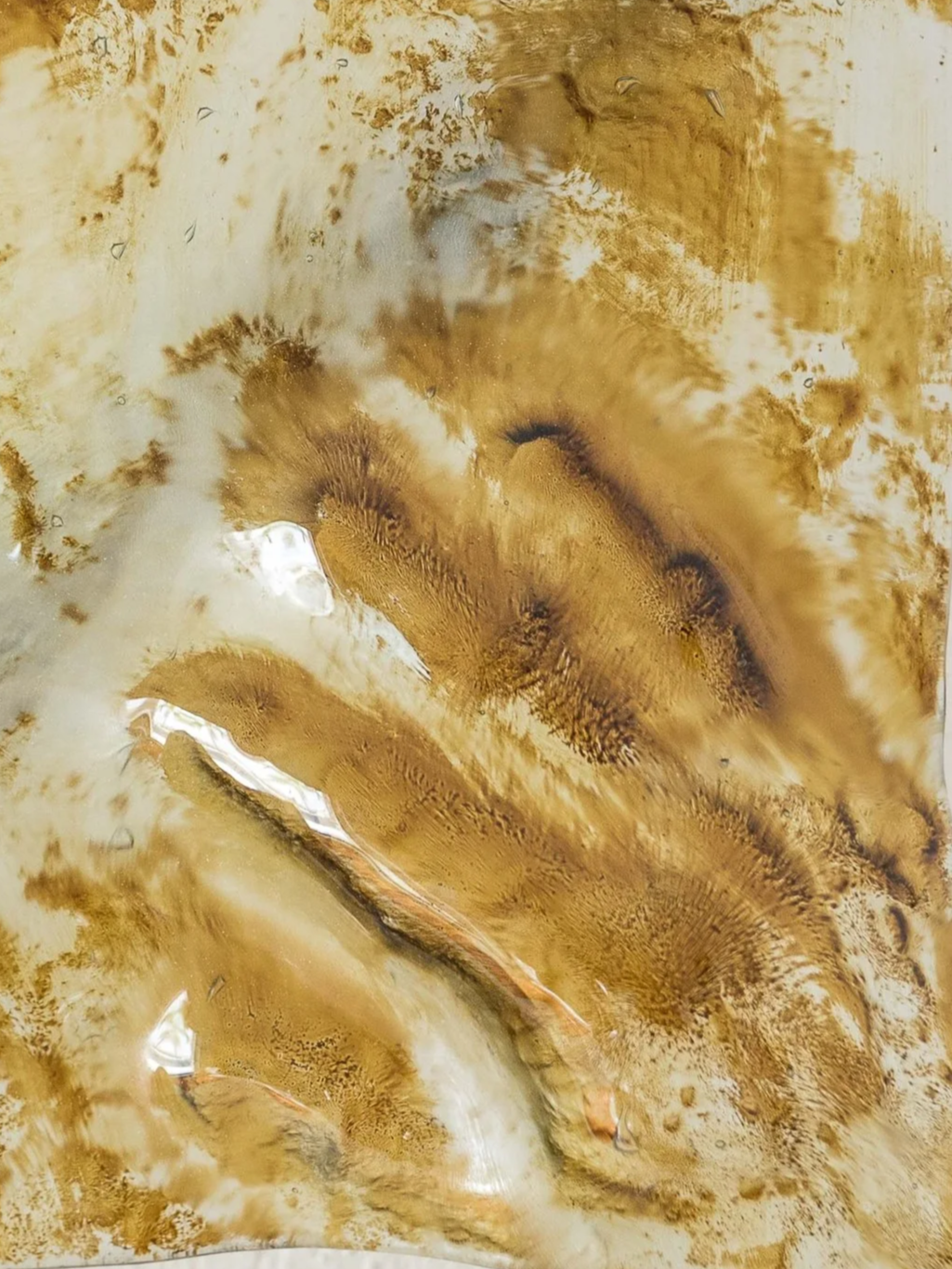 L'immagine mostra un modello di pietra naturale con venature e colori marroni, beige e crema, tipico del marmo o di altre rocce sedimentarie.