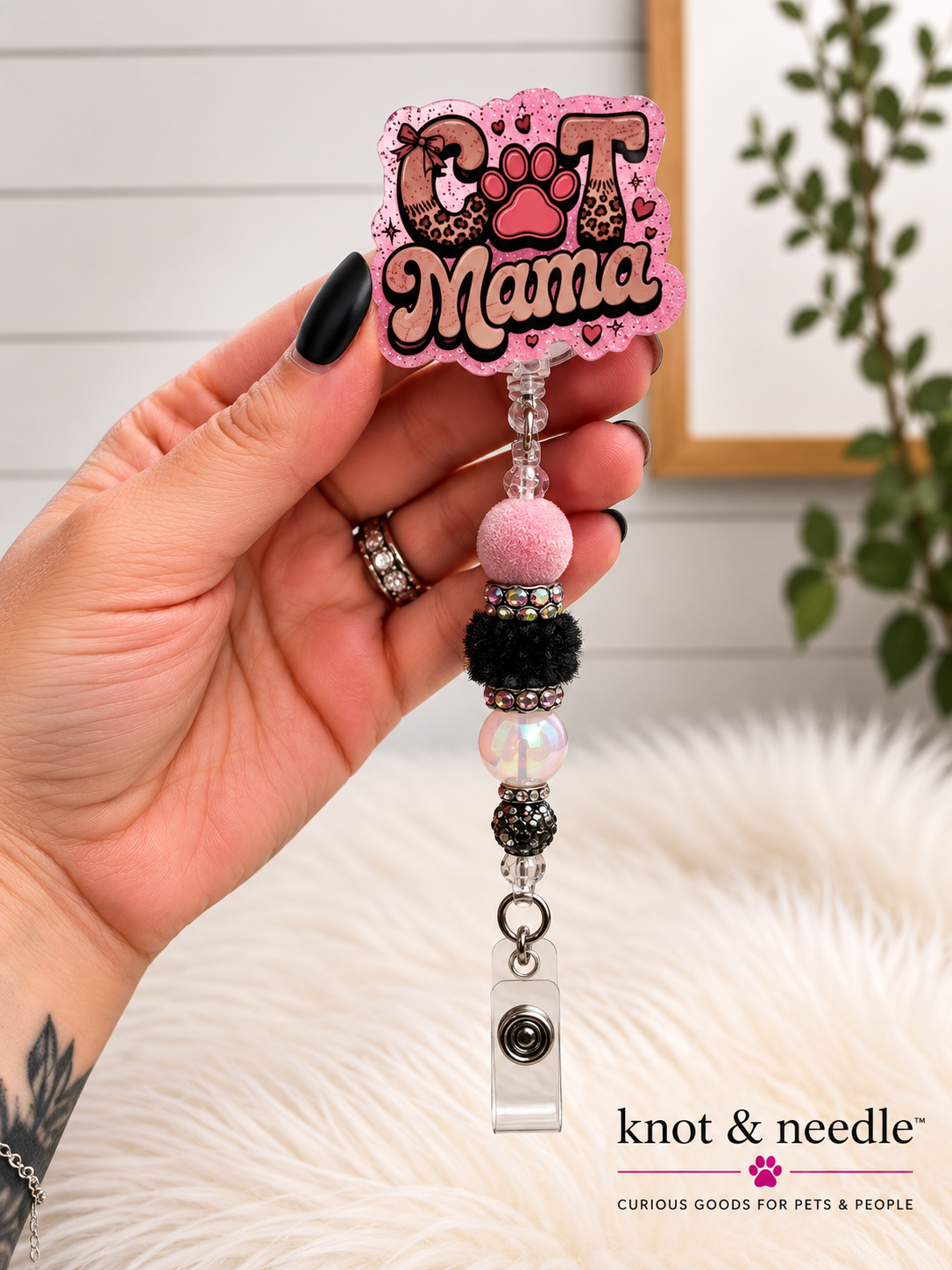 Cat Mama Beaded Badge Reel