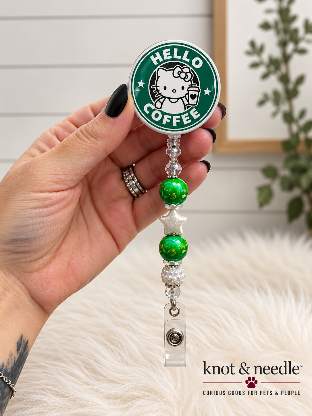 Hello Coffee Starbucks Inspired & Hello Kitty Inspired Beaded Badge Reel