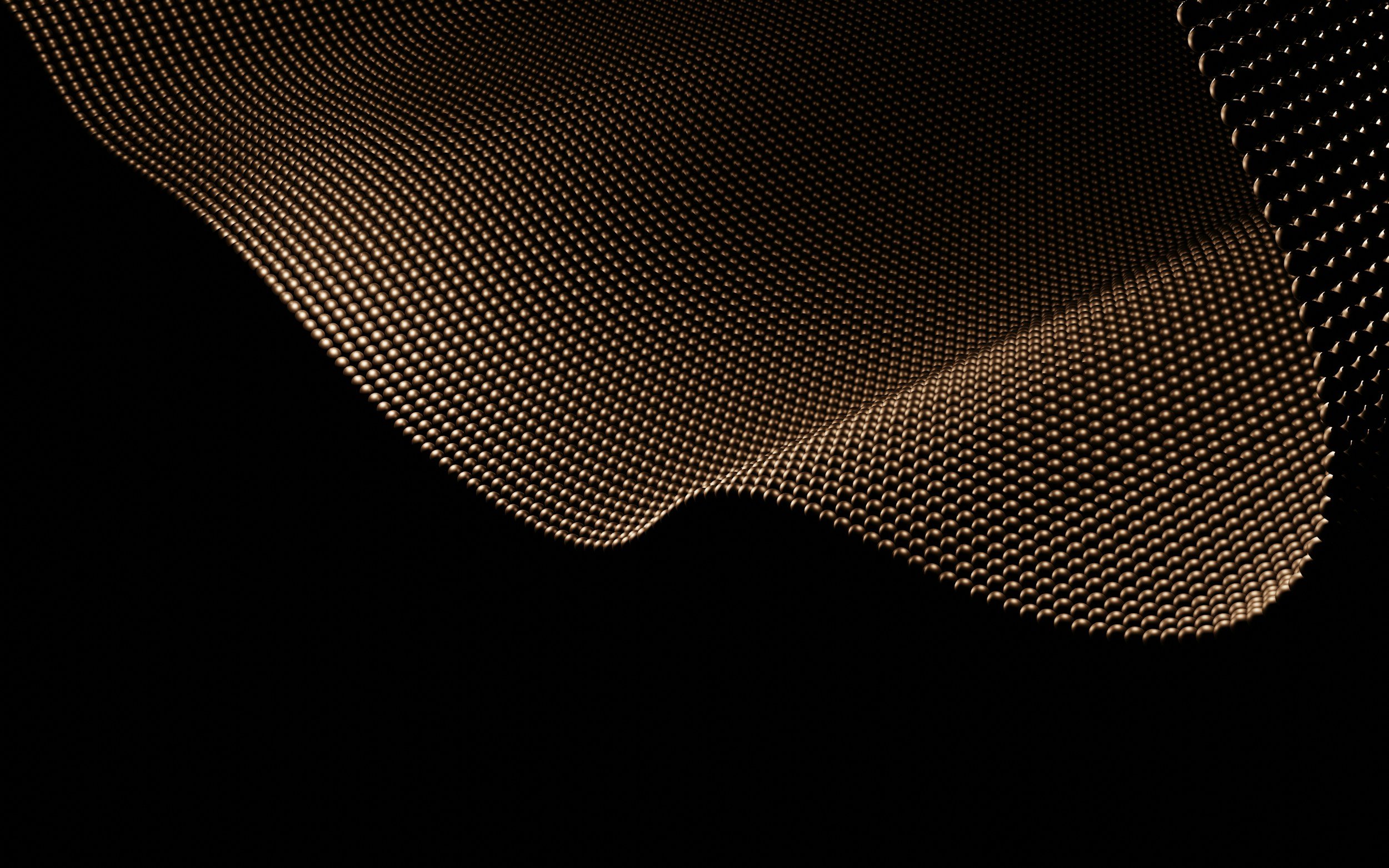 Abstract wave of bronze spheres forming a flowing mesh against a black background