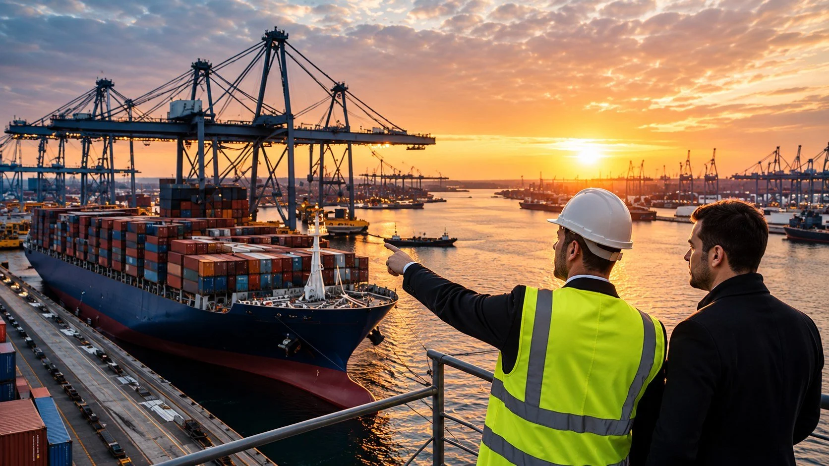 Two men, one in a safety vest and hard hat and the other in formal attire, look at cargo ships in a busy port during sunset with cranes and containers in the background.