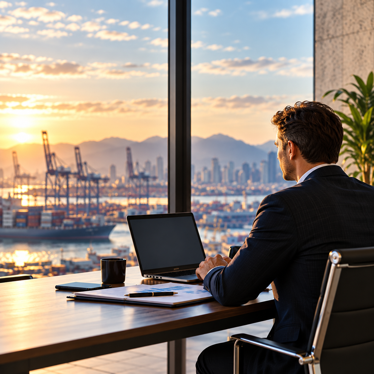 A man in a business suit working on a laptop at a desk near a large window overlooking a harbor with cranes, ships, and a city skyline at sunset.