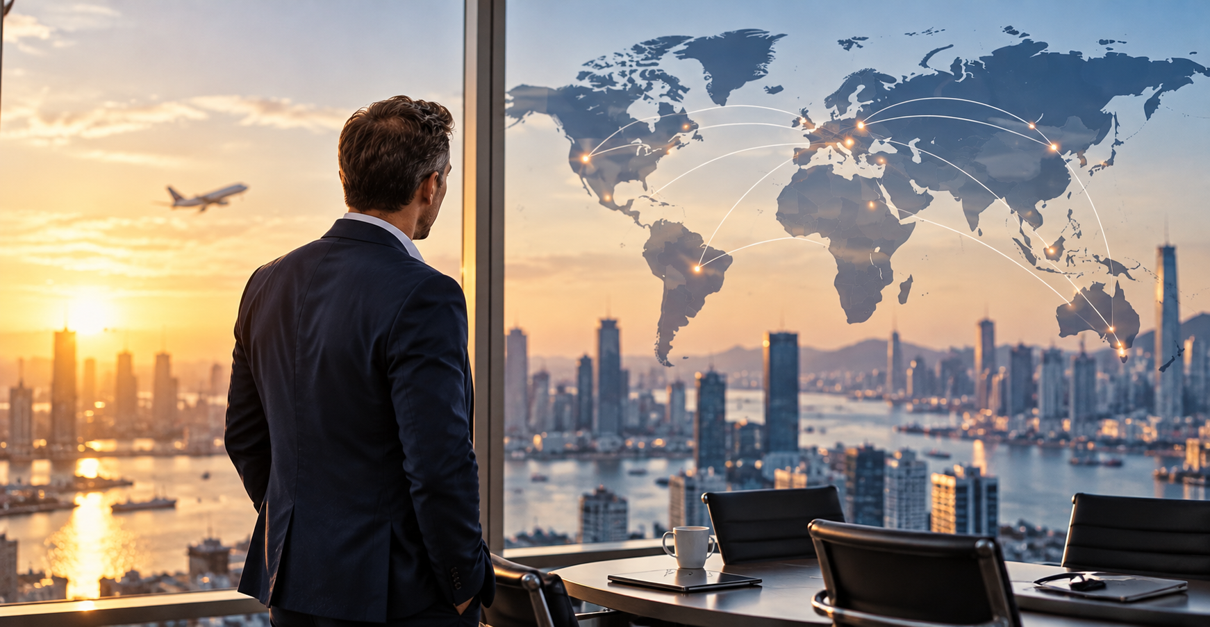 A man in a business suit stands in an office, looking out at a city skyline during sunset with a world map overlay showing global connections.