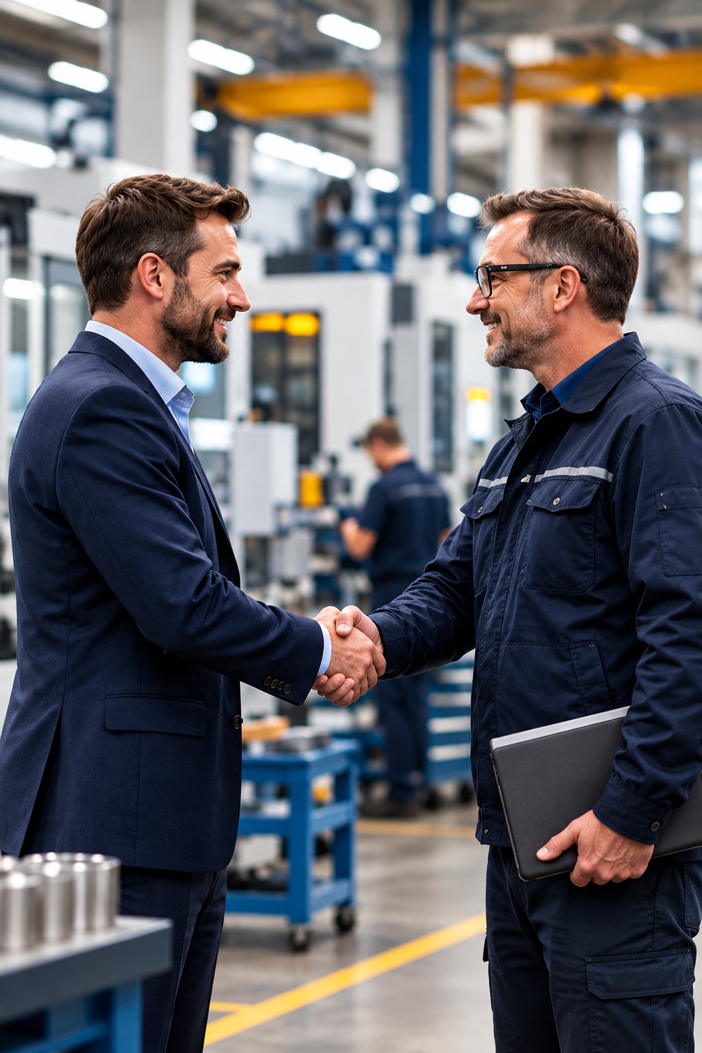 Two men shake hands in an industrial factory or manufacturing setting, smiling at each other.
