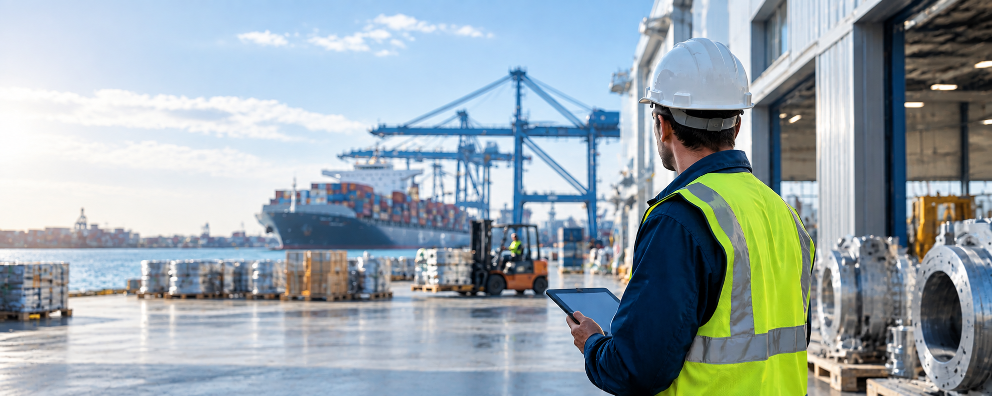 A worker in a yellow safety vest and hard hat looks at a tablet computer on a dock with cargo containers, cranes, and a cargo ship in the background.