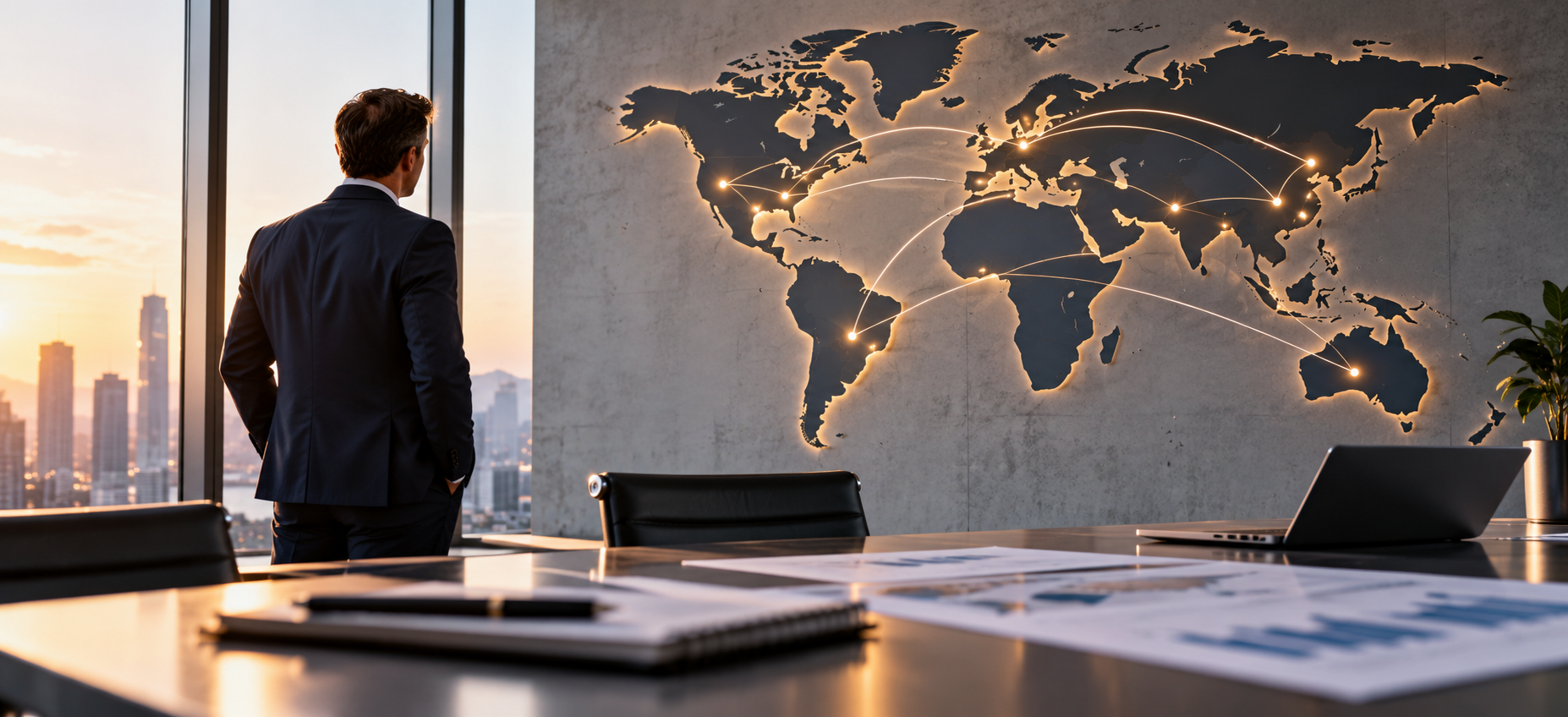 Businessman in suit looking at a world map with illuminated connections on a wall in an office with city skyline view at sunset.