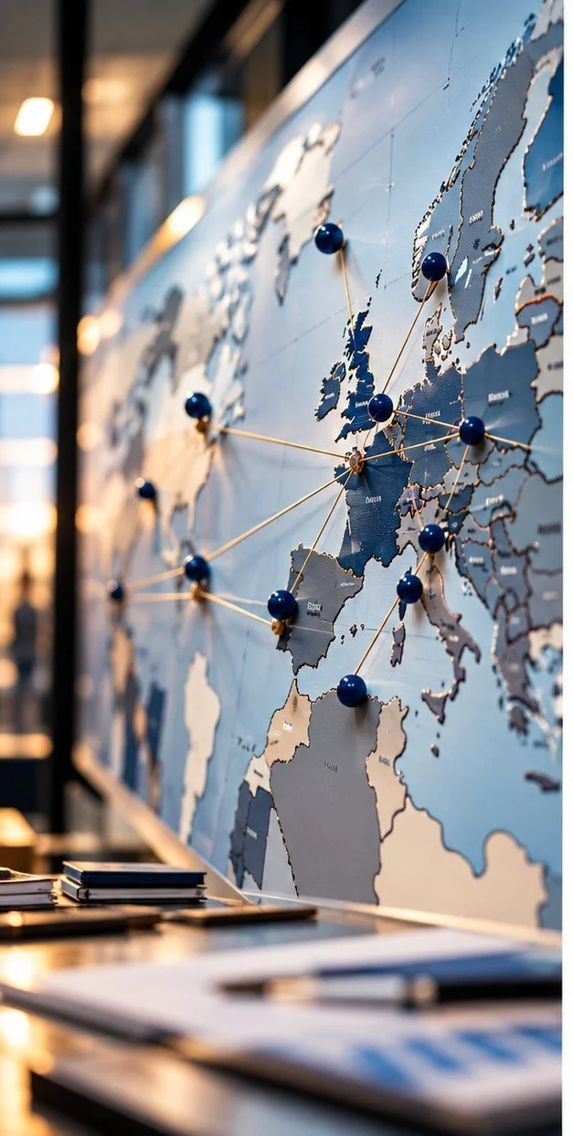 World map with blue pins and connecting lines in a conference room.