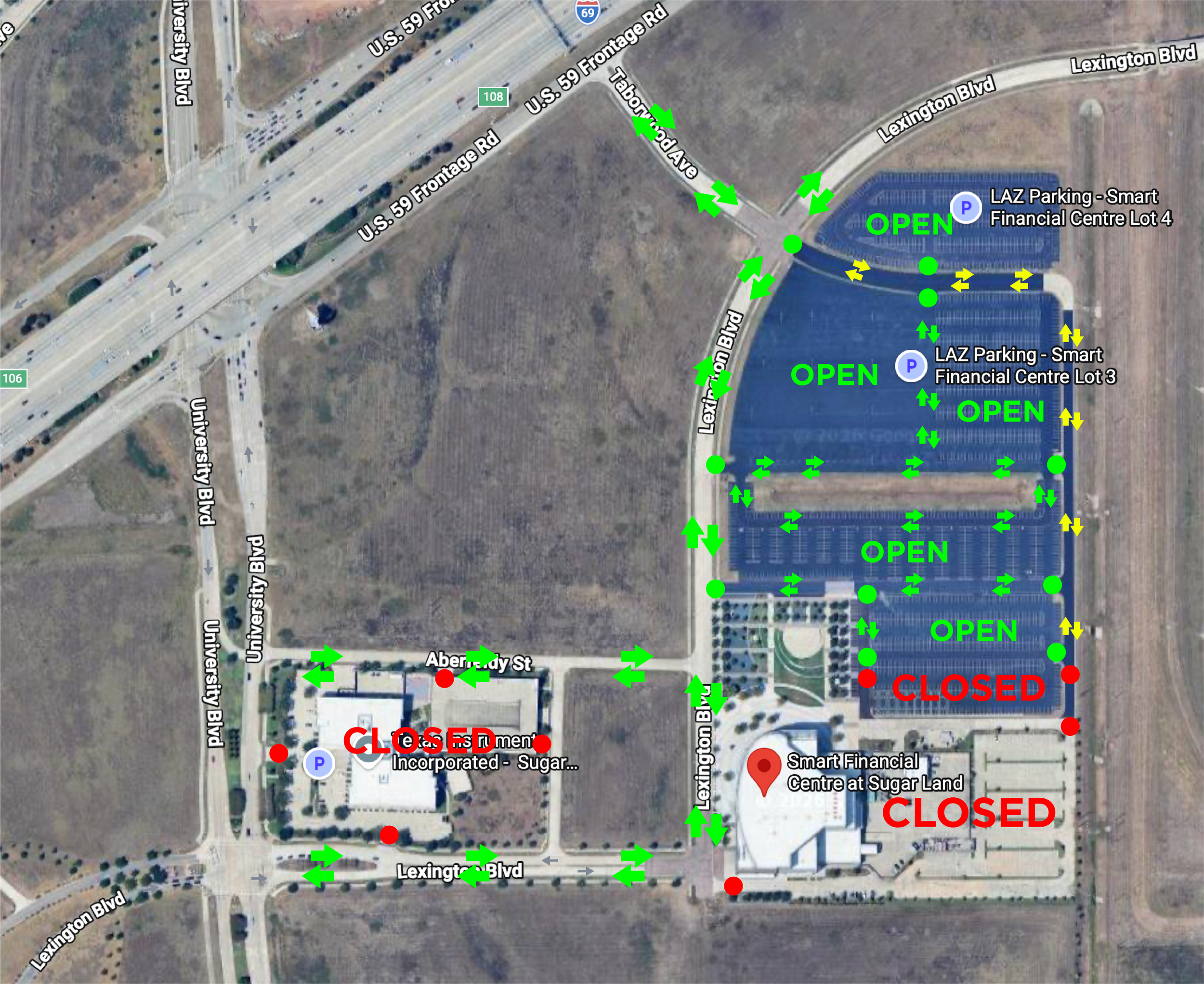 Updated Sugar Land Half Marathon parking map showing open routes, a timed course closure and restricted areas at Smart Financial Centre