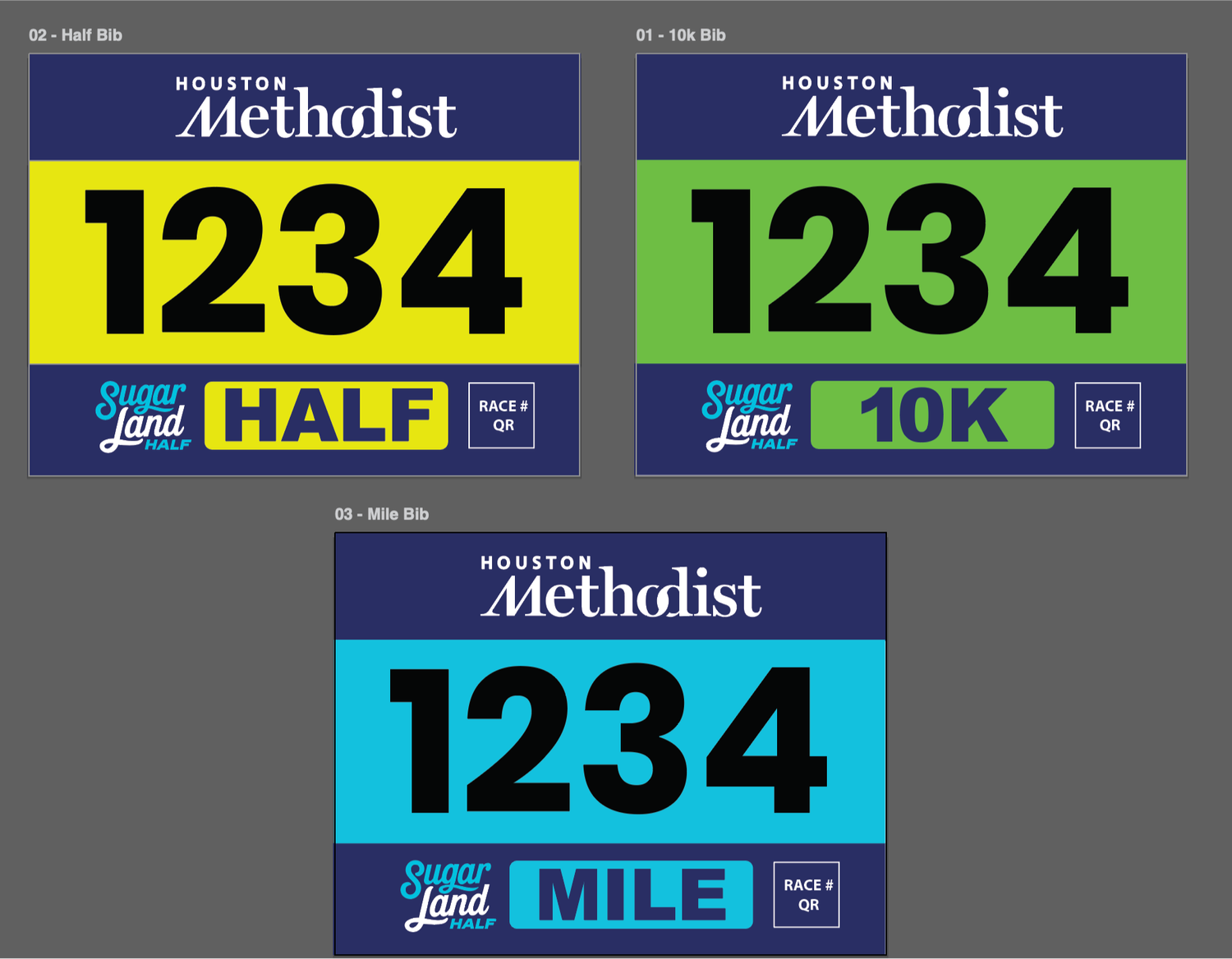 Sugar Land Half Marathon, 10K and Mile race bib designs
