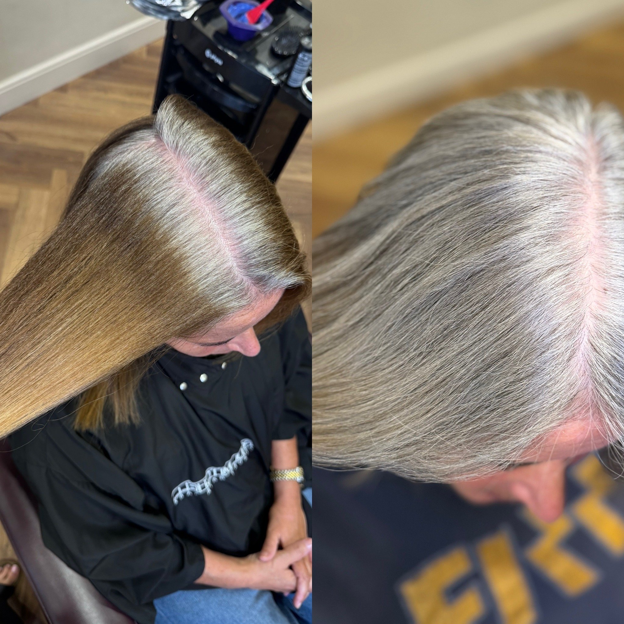 True Grey Blend transformation showing dimensional silver hair with no harsh regrowth line