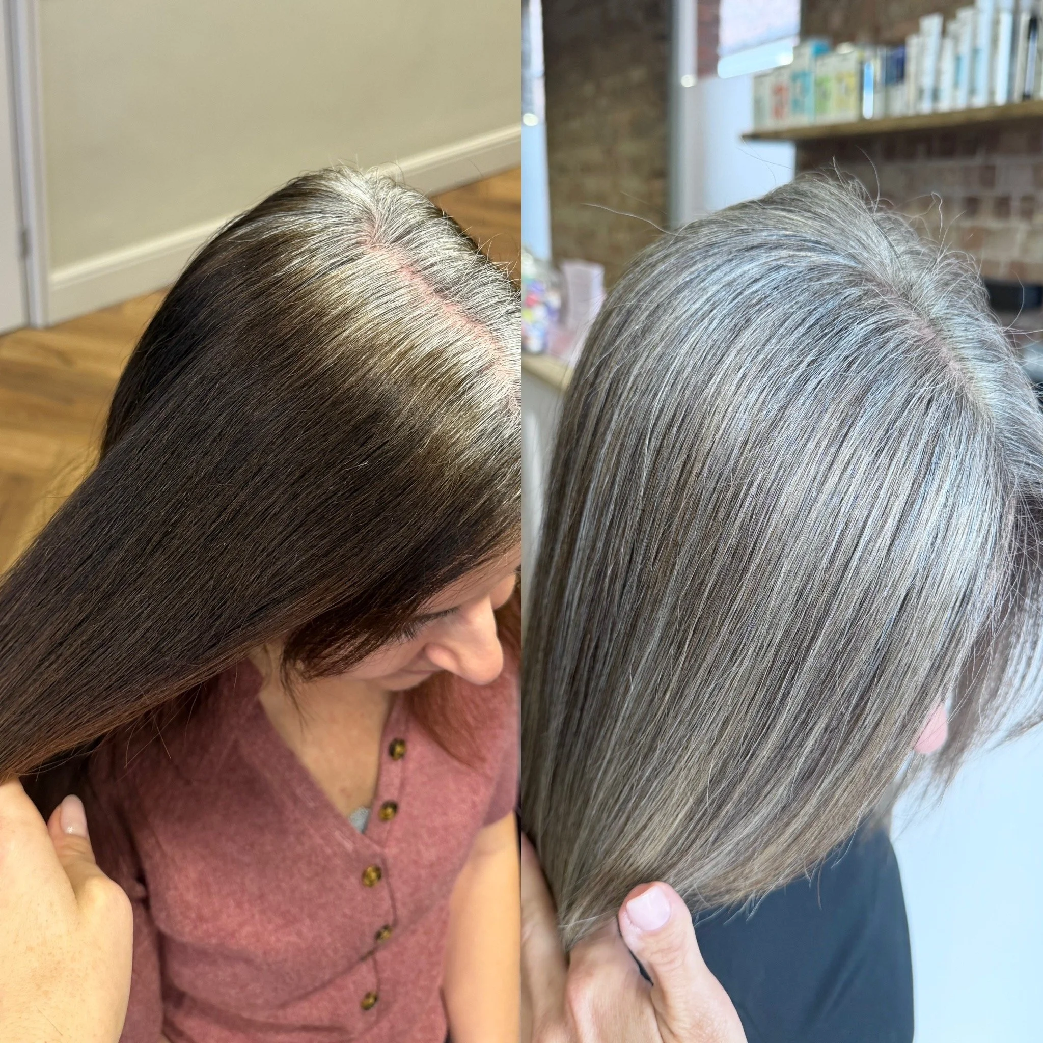 Before: solid dark dye with visible regrowth. After: seamless True Grey Blend by Karla Osborne