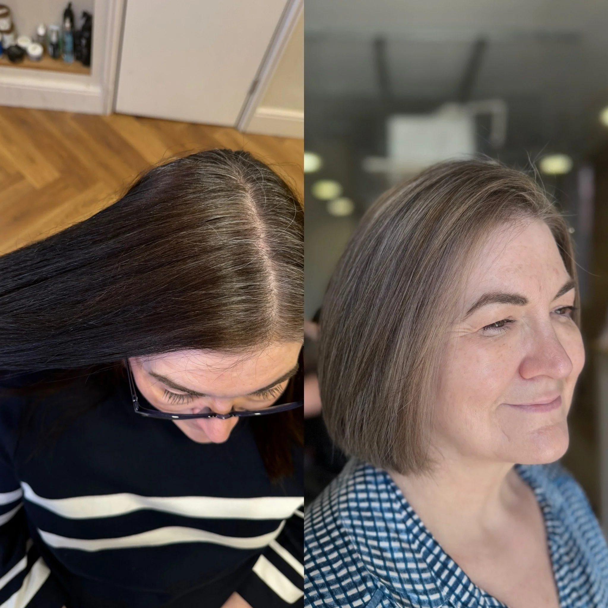 Dyed brunette hair transitioned to blended grey with no harsh regrowth line, by Karla Osborne