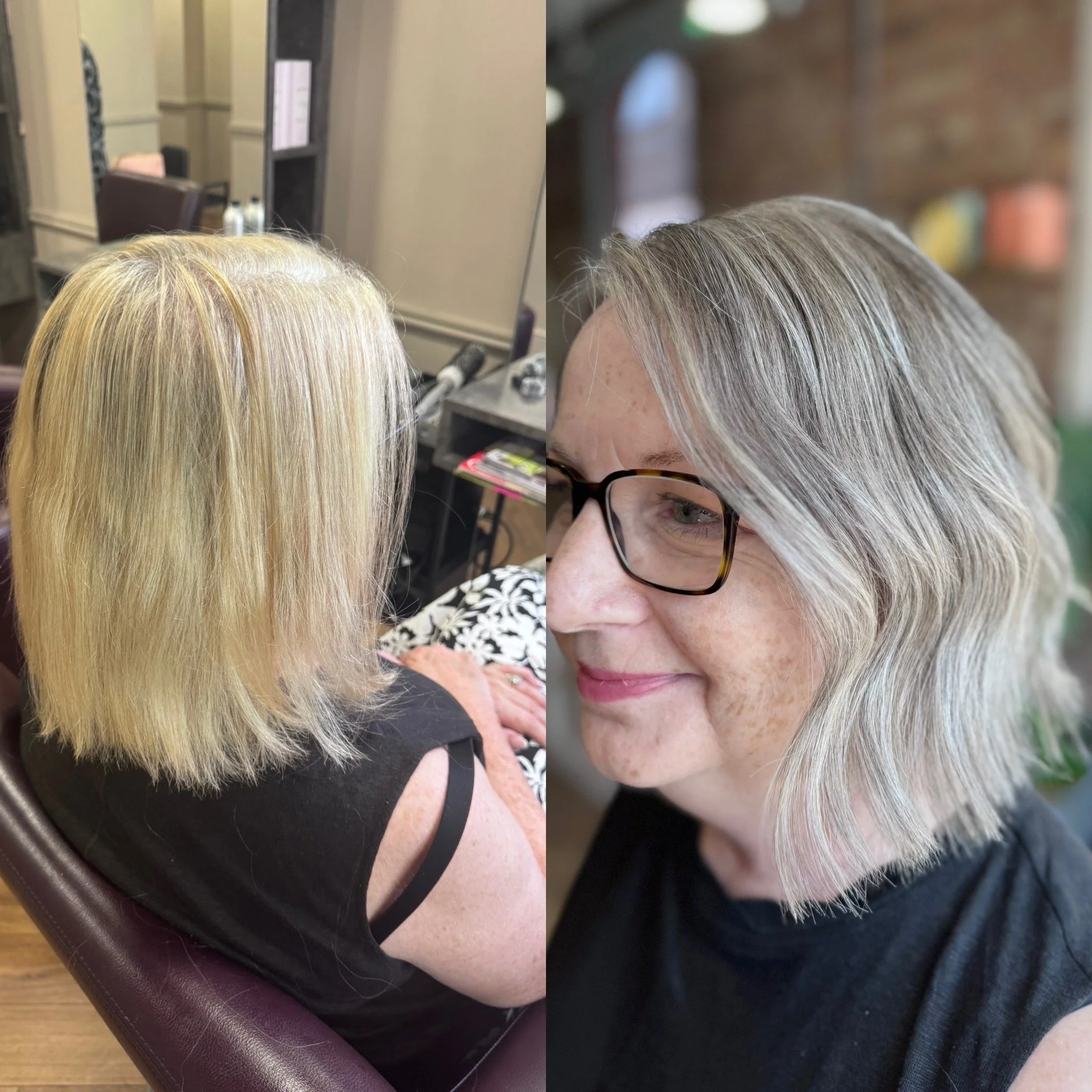 Grey hair transition by Karla Osborne in Hemel Hempstead, removing dyed blonde into natural whites and greys