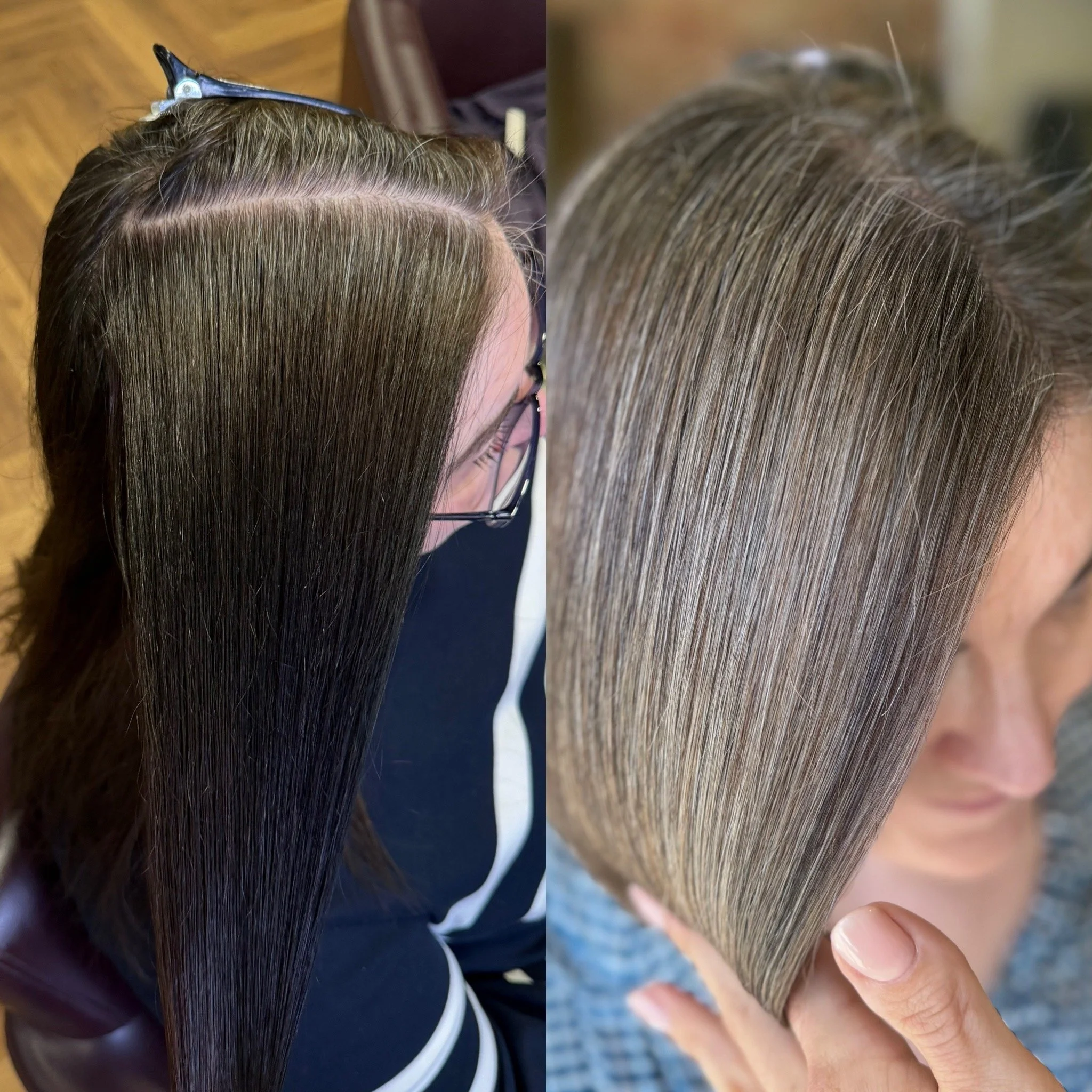 Before and after grey hair transformation using the True Grey Blend