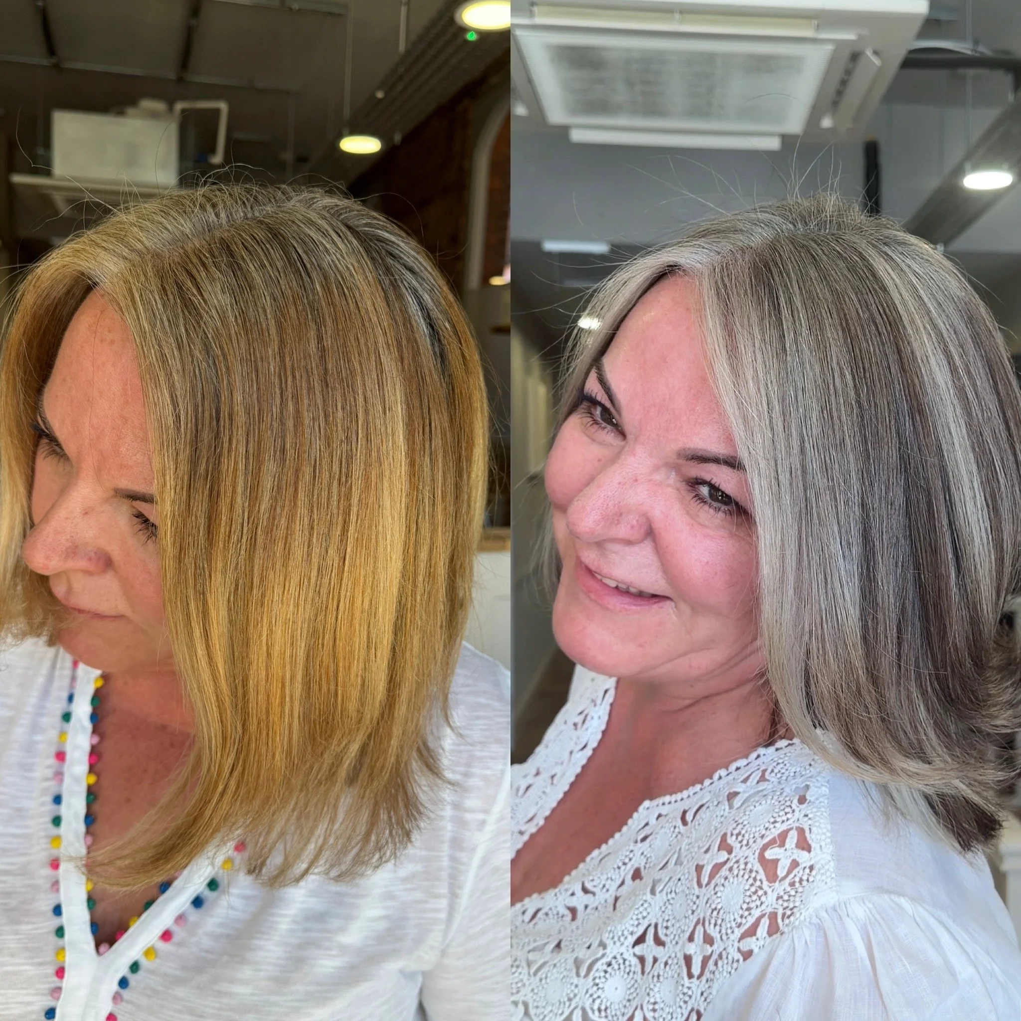Grey hair transformation from flat permanent colour to natural silver, by Karla Osborne