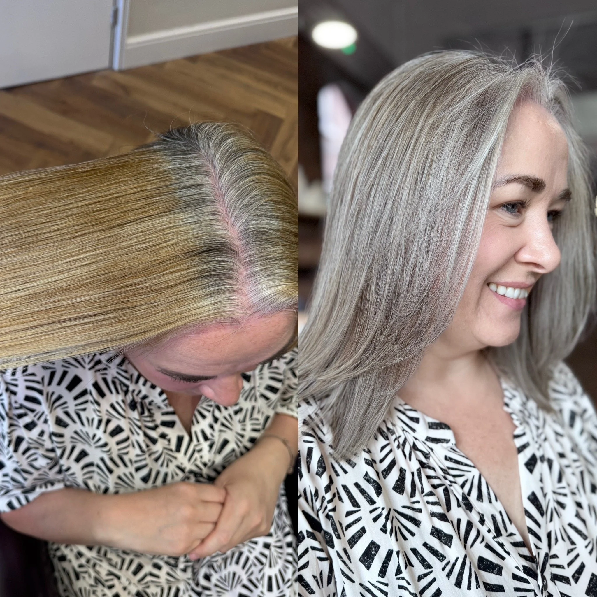 Before and after True Grey Blend showing a smooth transition from solid dyed blonde to natural white hair
