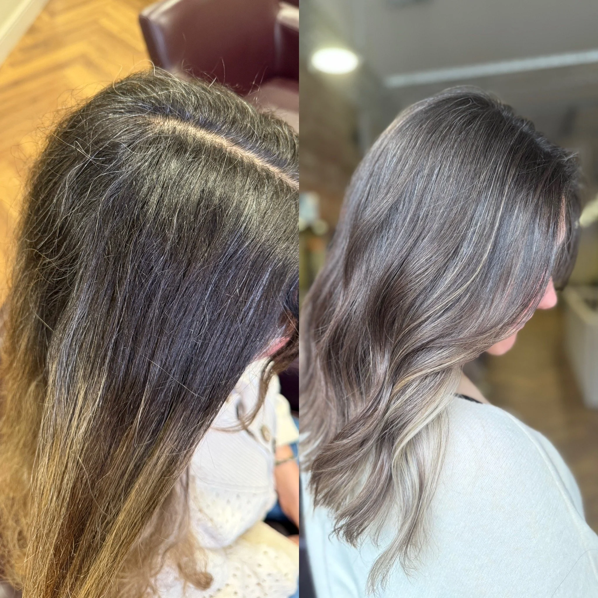 Dyed blonde hair transitioned to blended grey with no harsh regrowth line, by Karla Osborne