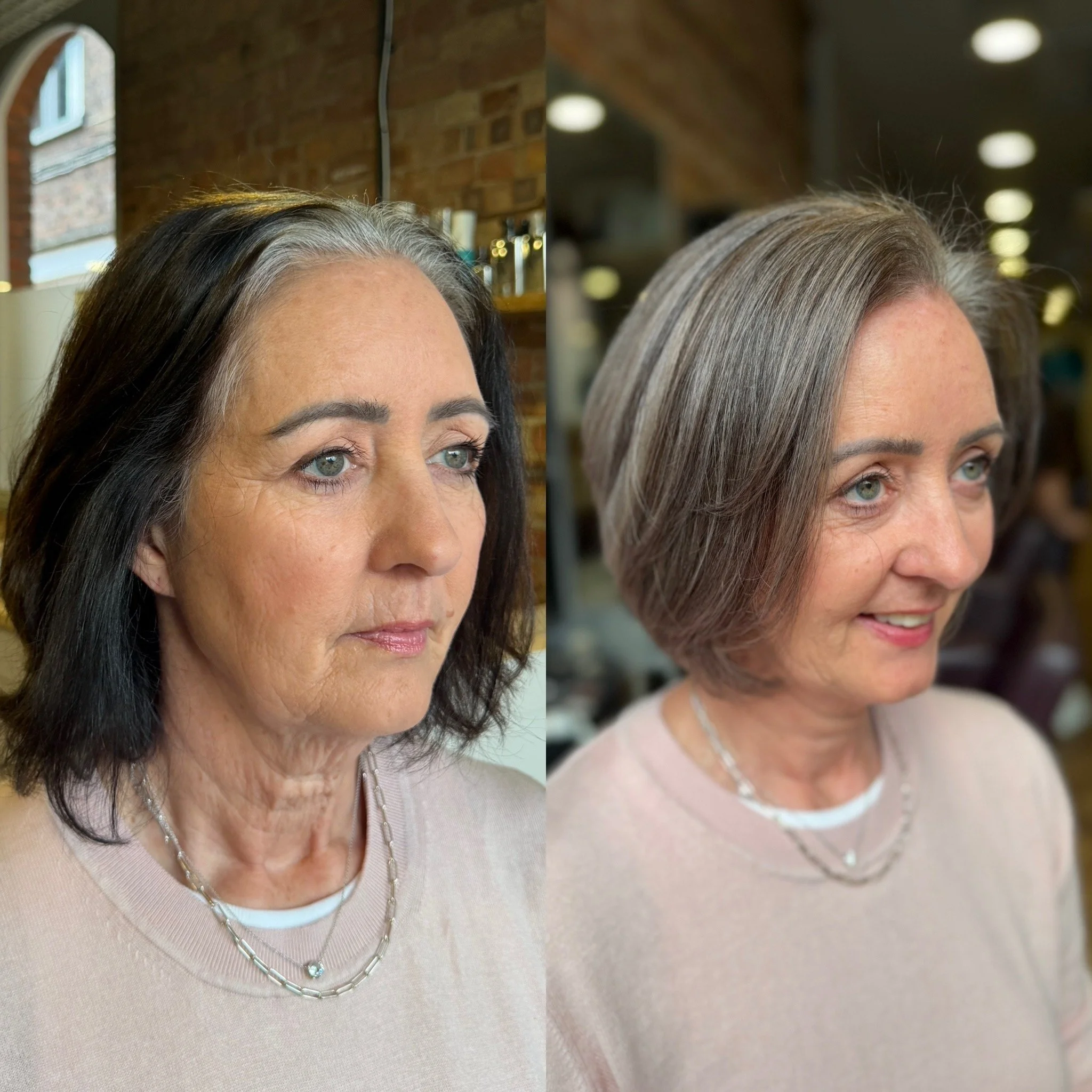 Before and after grey blending by Karla Osborne, from solid box-dyed brown to soft dimensional grey