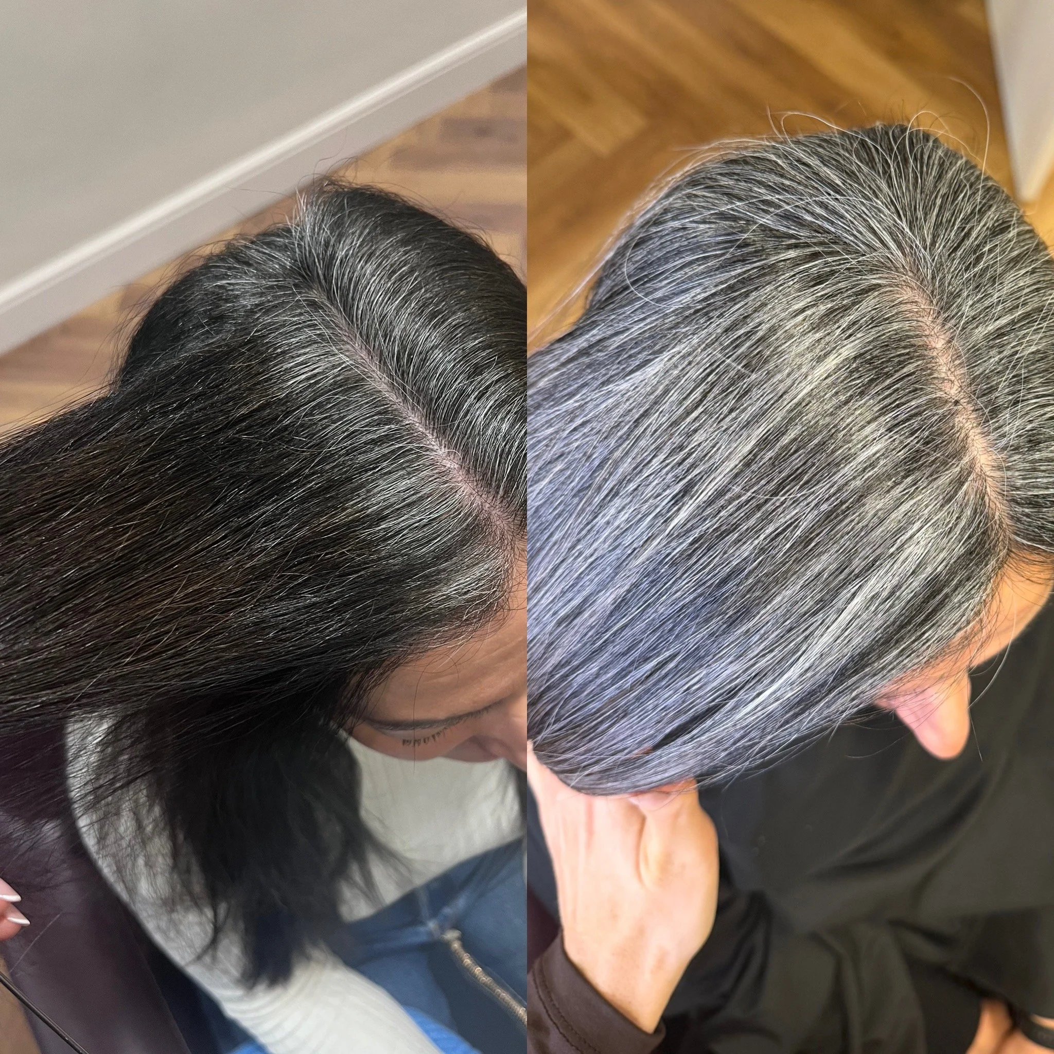 Before and after grey blending in Hemel Hempstead, softening grey roots with fine highlights and lowlights