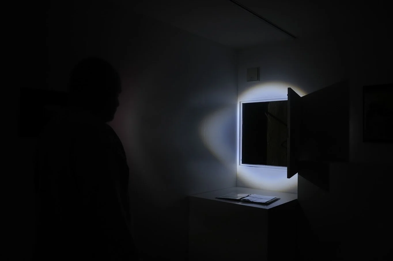 Silhouetted visitor exploring a dark room by flashlight during Ghosts of Tomorrow.